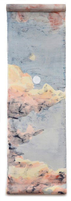 White Moon - Contemporary Expressionist Sky Scape Painted Silk Wall Hanging 2024