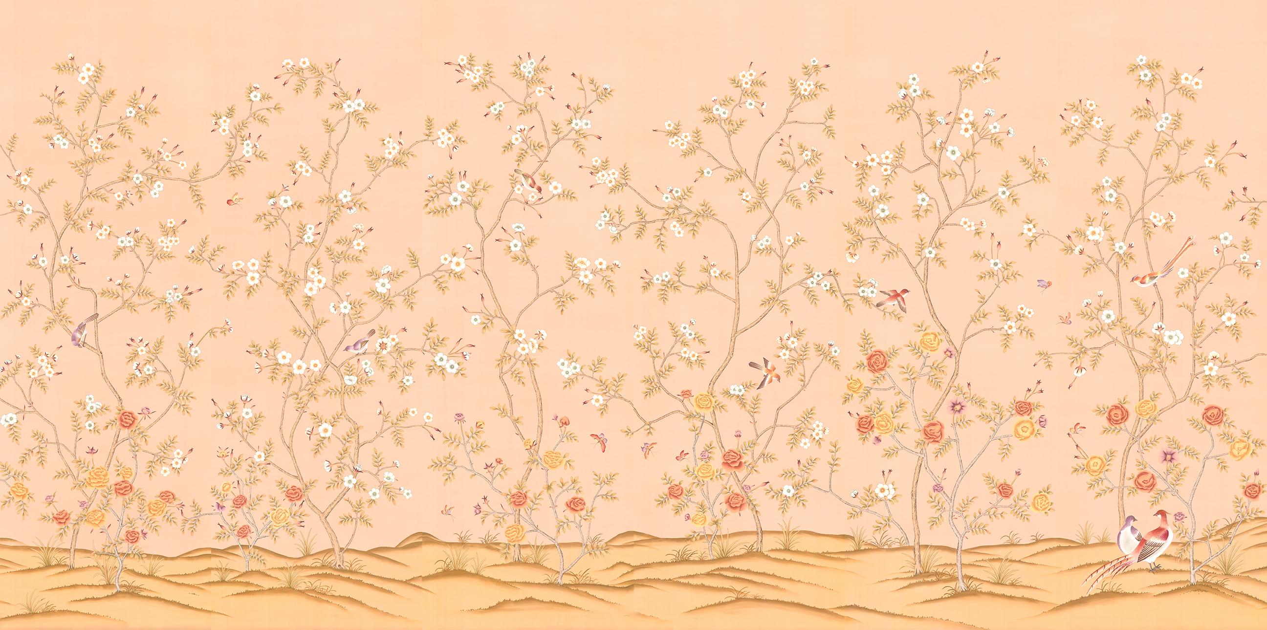 Rose Garden is an elegant mural that celebrates the beauty of a variety of roses with song birds. The mural is hand painted in the ancient chinoiserie art style. The full mural is made up of a series of individual panels, each 3 feet wide. The tops