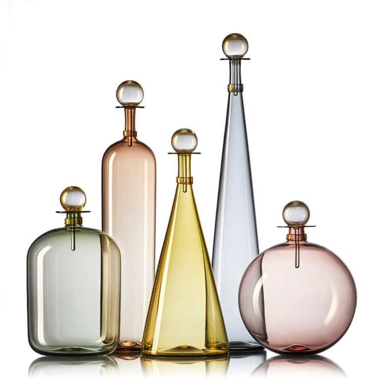Colored Round Glass Bottle with Gold Stopper, Hand Blown Vase by Vetro