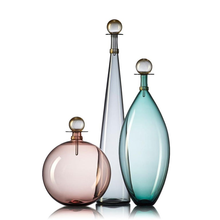 Colored Round Glass Bottle with Gold Stopper, Hand Blown Vase by Vetro
