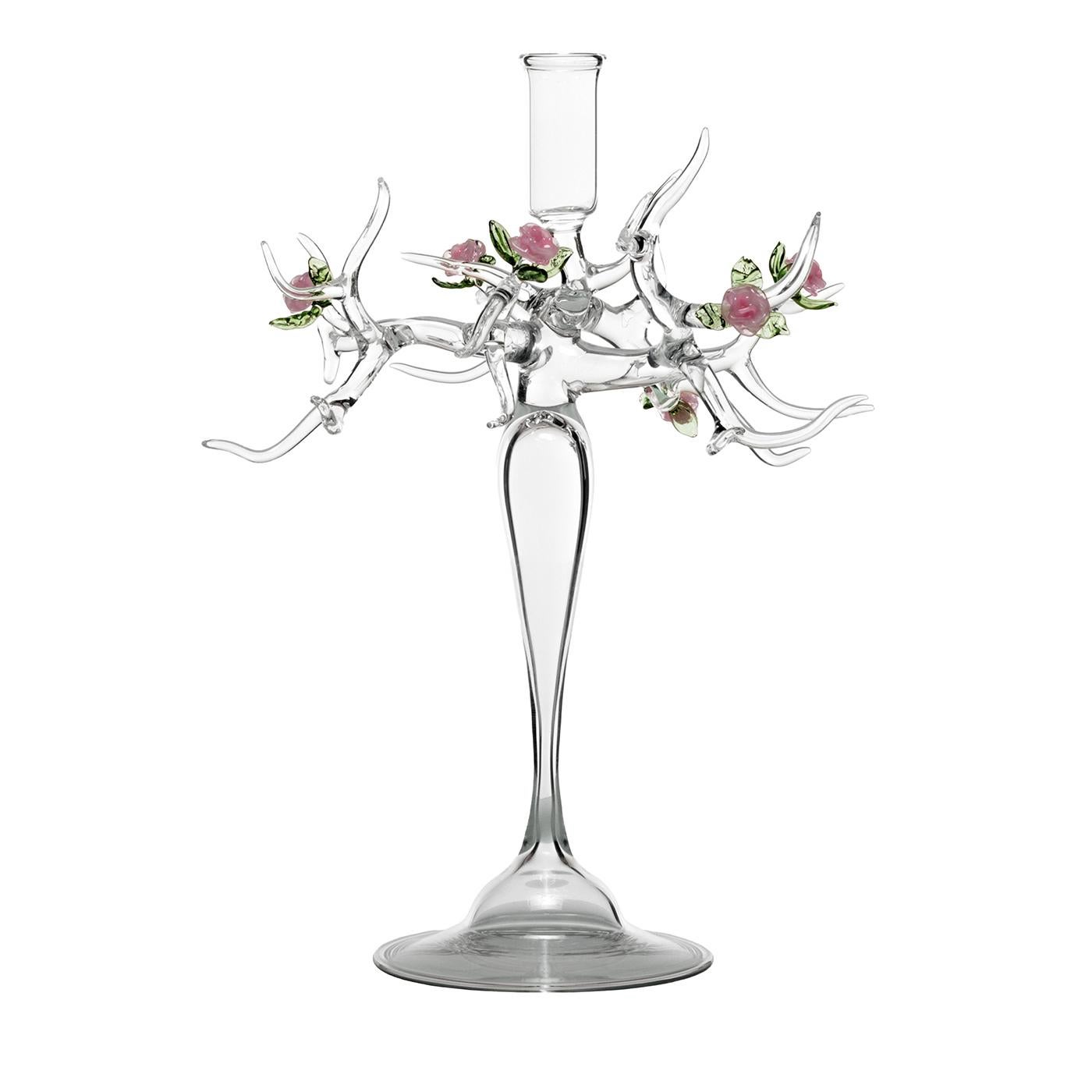 The Rose Glass Candlestick presents a captivating blend of elegance and artistry, transforming the concept of a traditional candelabra into a dynamic representation of a rose garden. Featuring an intricate design, it embodies a tangle of branches