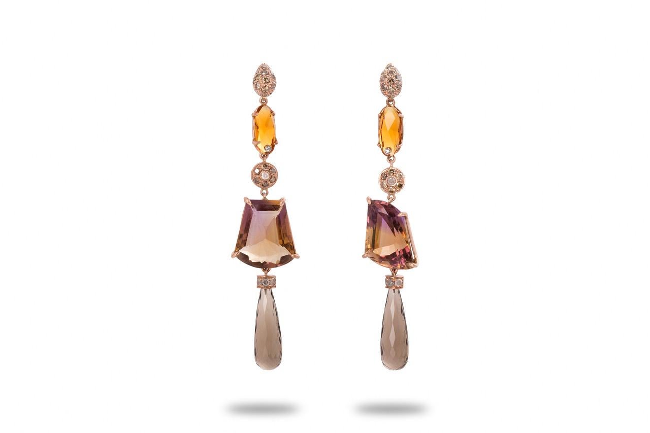 Pendants d'oreilles uniques en leur genre en or rose, diamants 0,70 carats, ametrine et citrine en vente 11