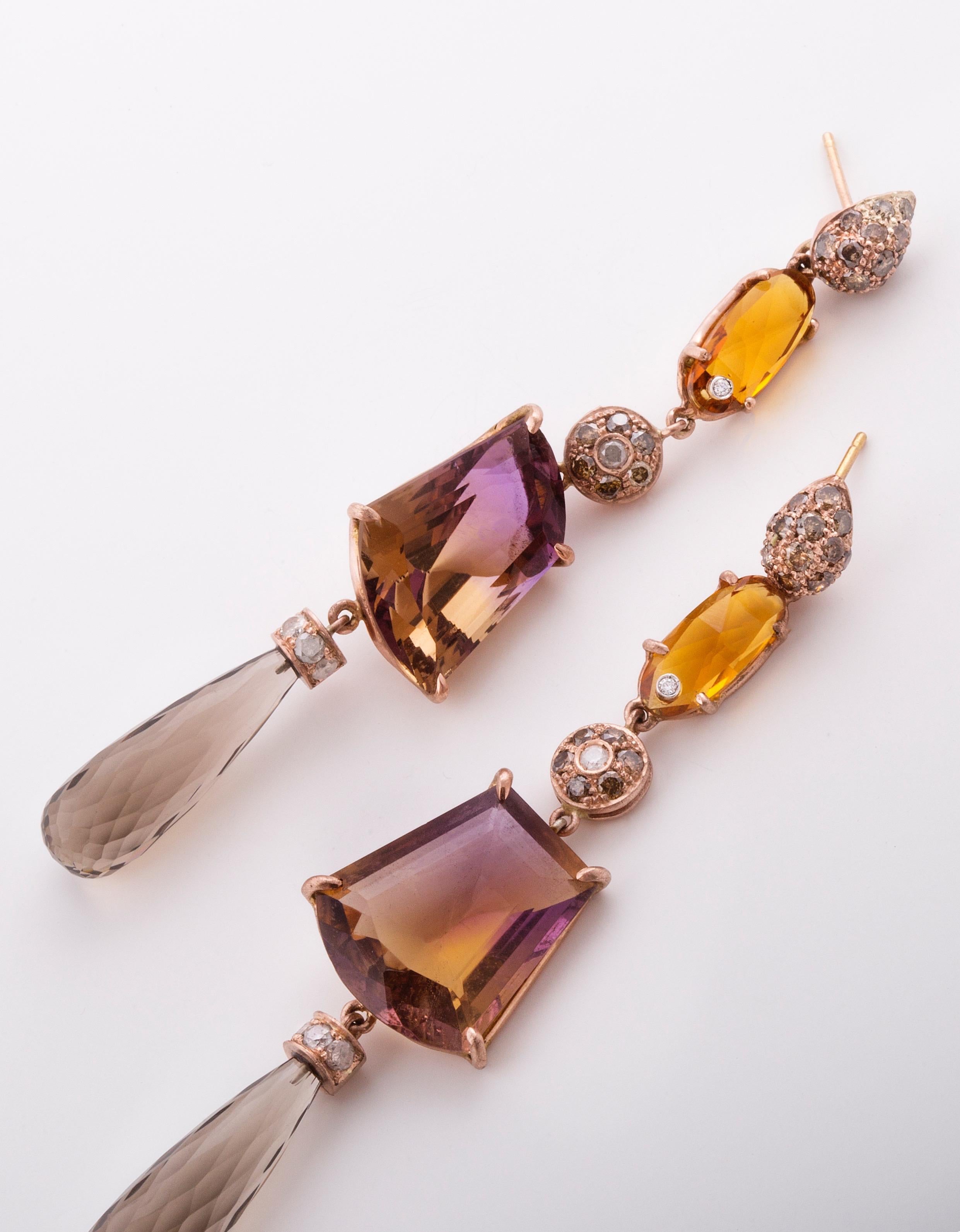Pendants d'oreilles uniques en leur genre en or rose, diamants 0,70 carats, ametrine et citrine en vente 7