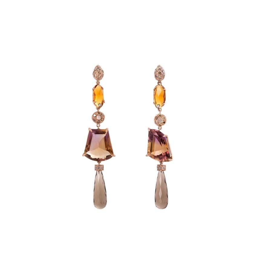 Rose Gold 0.70 Karats Diamonds Ametrine & Citrine Dangle One-of-a-Kind Earrings In New Condition For Sale In Rome, IT