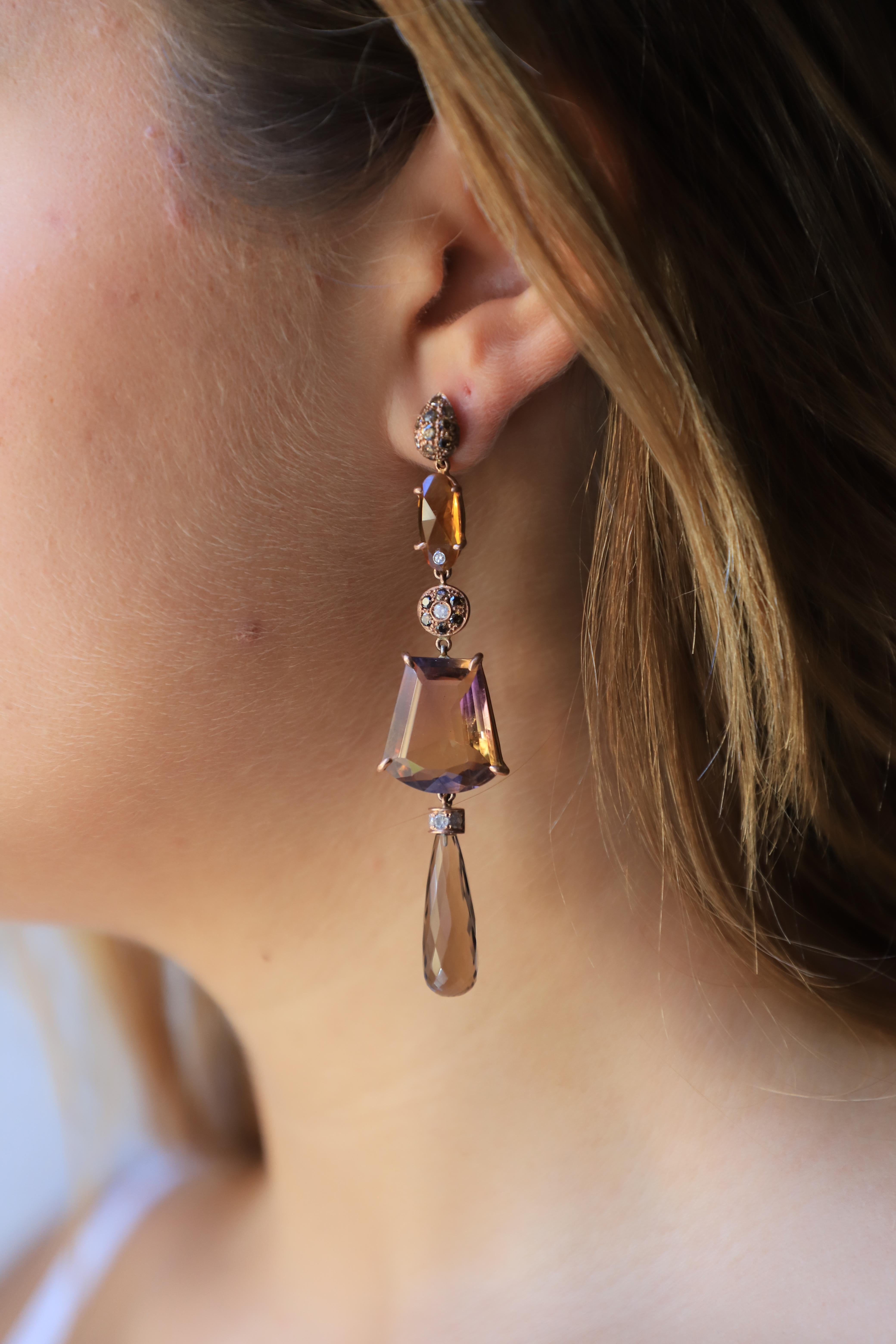 Pendientes Colgantes Únicos de Oro Cepillado con Diamantes Ametrino Citrino de 0,70 Quilates Corte mixto en venta