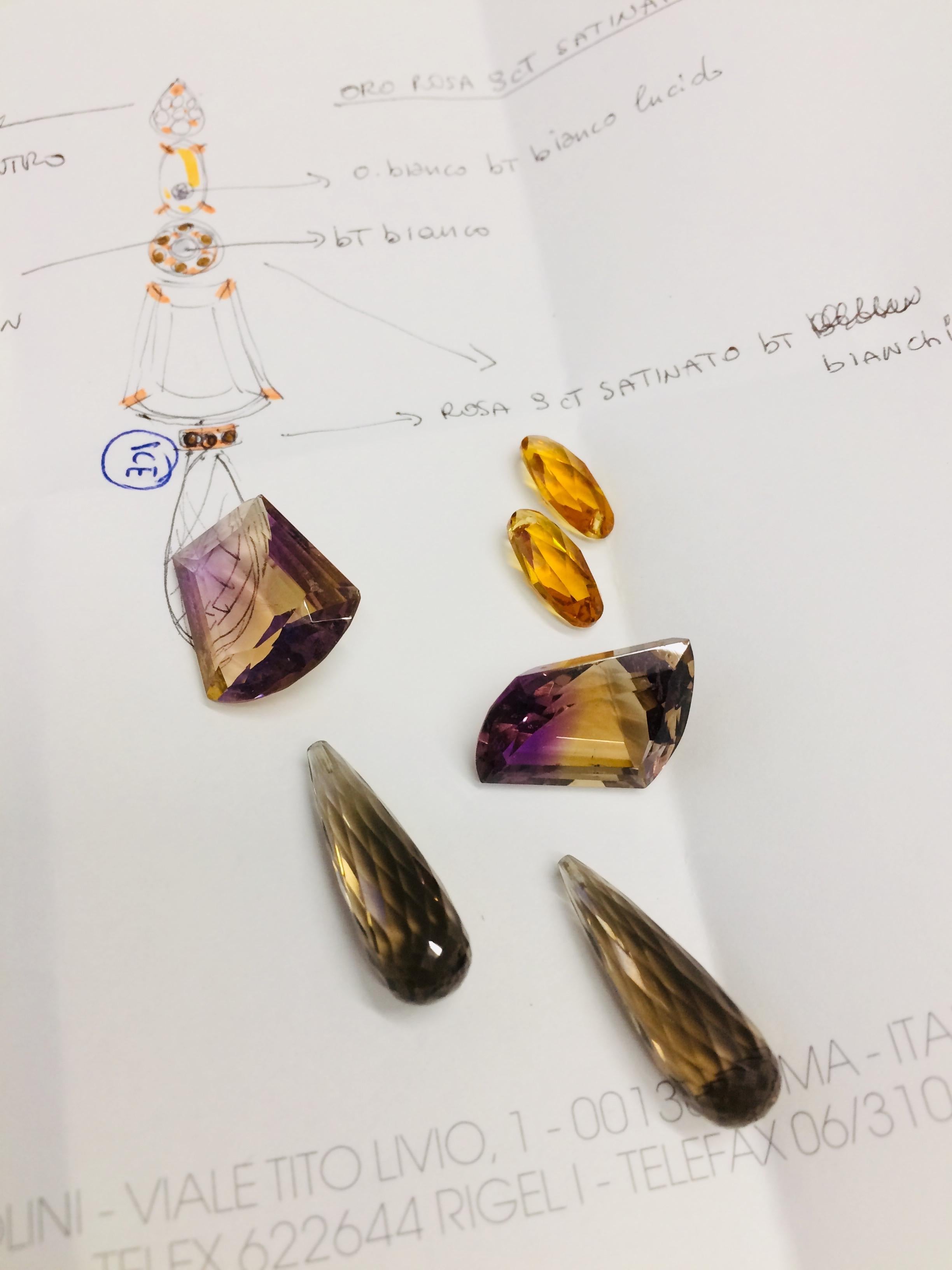 Pendants d'oreilles uniques en leur genre en or rose, diamants 0,70 carats, ametrine et citrine en vente 3