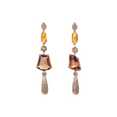 Rose Gold 0.70 Karats Diamonds Ametrine & Citrine Dangle One-of-a-Kind Earrings
