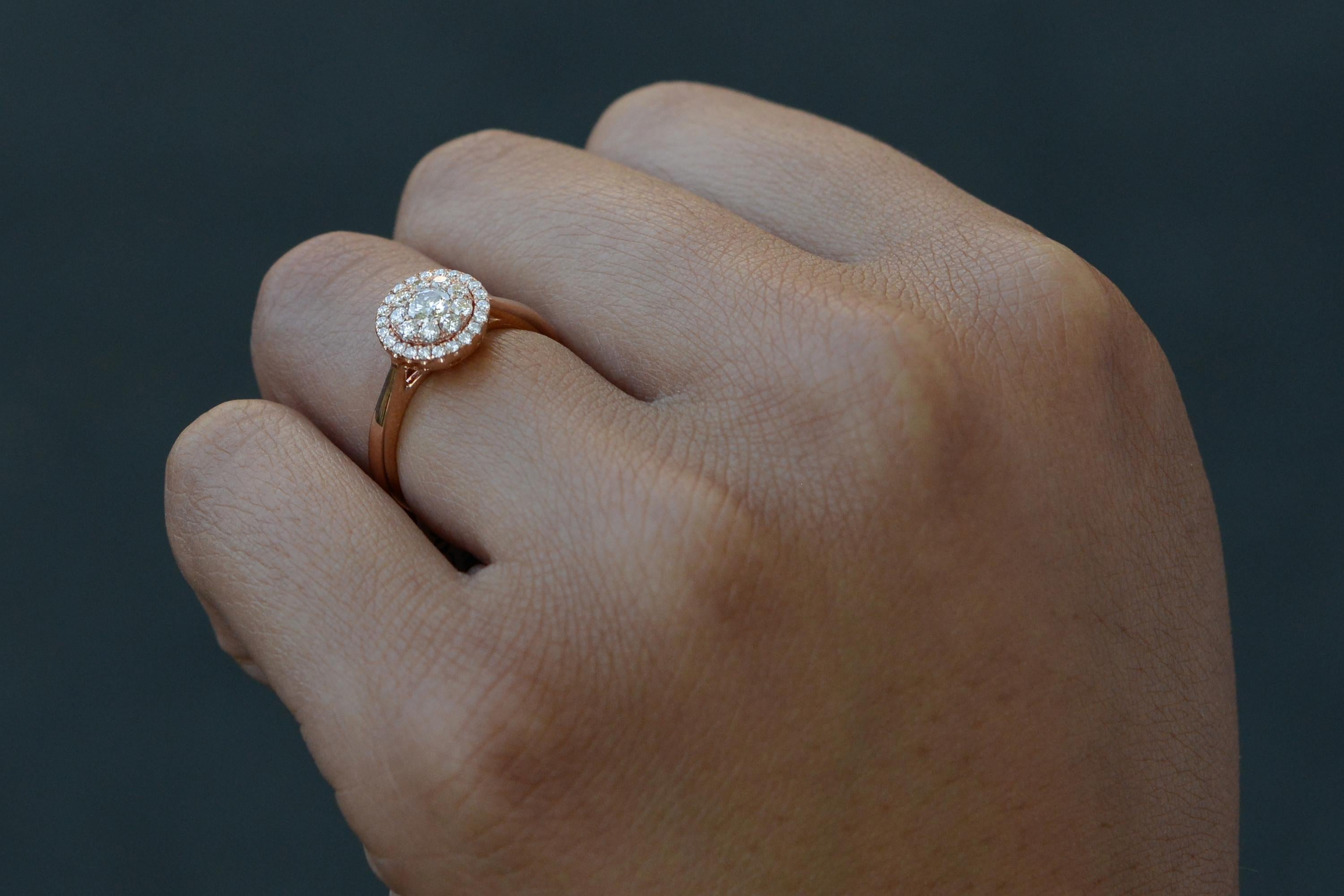 Contemporary Rose Gold 1/2 Carat Diamond Cluster Engagement Ring For Sale