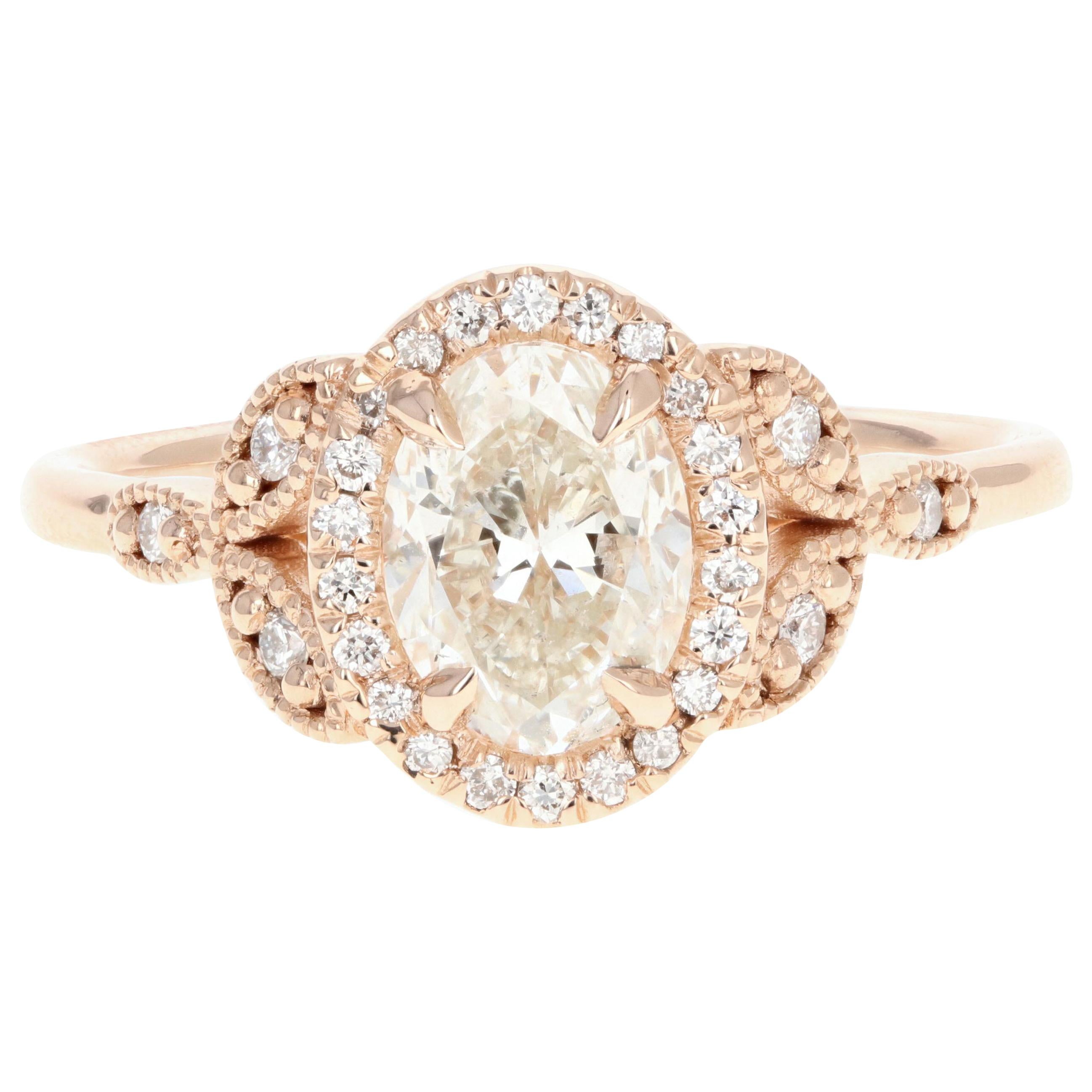 Rose Gold 1.22 Carat Oval Cut Diamond Halo Engagement Ring