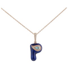Rose Gold 14K Evil Eye Diamond Necklace P Initial Handmade Letter Charm Pendant