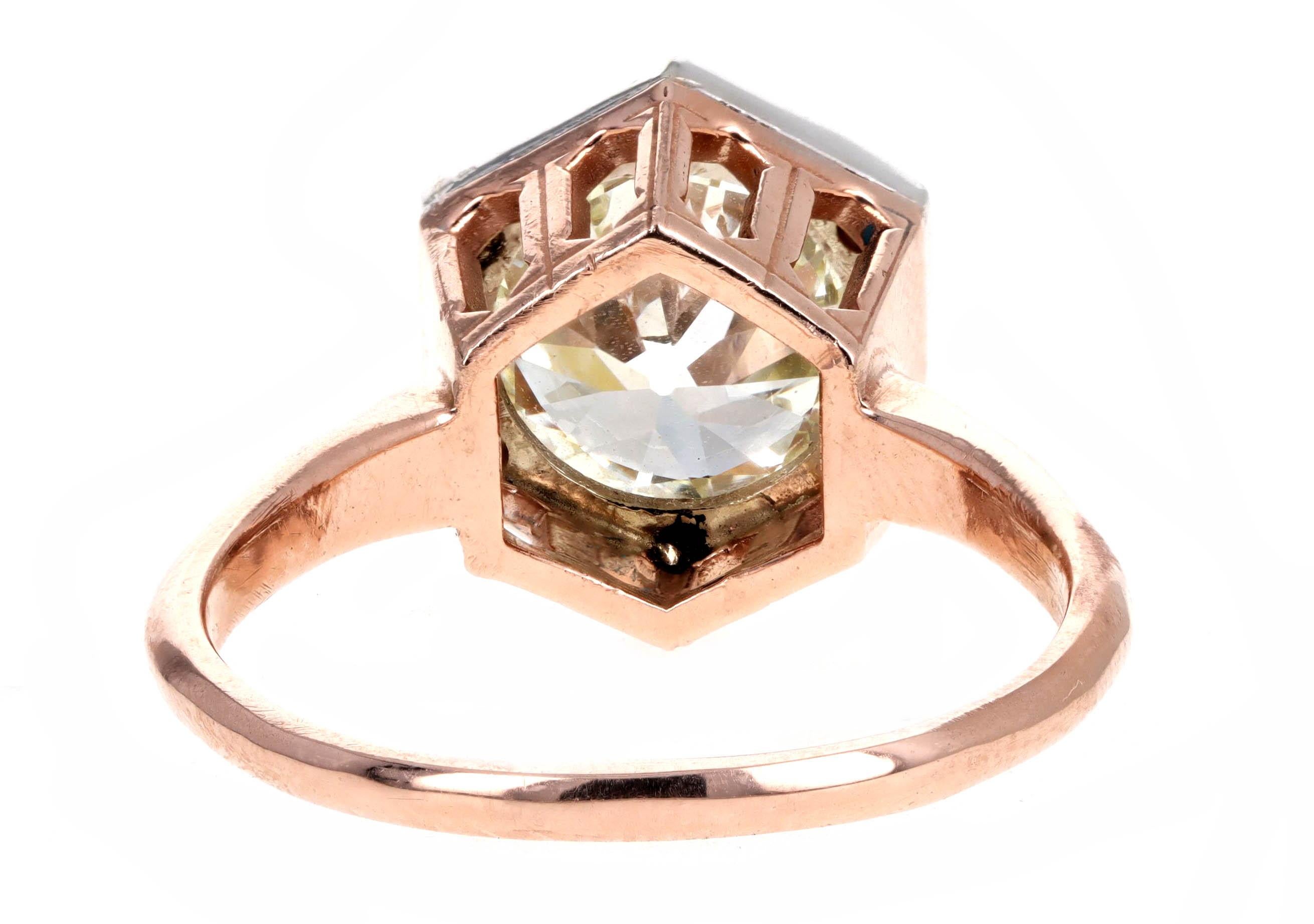 Old European Cut Rose Gold 2.85 Carat Old European Diamond Hexagon Solitaire Engagement Ring