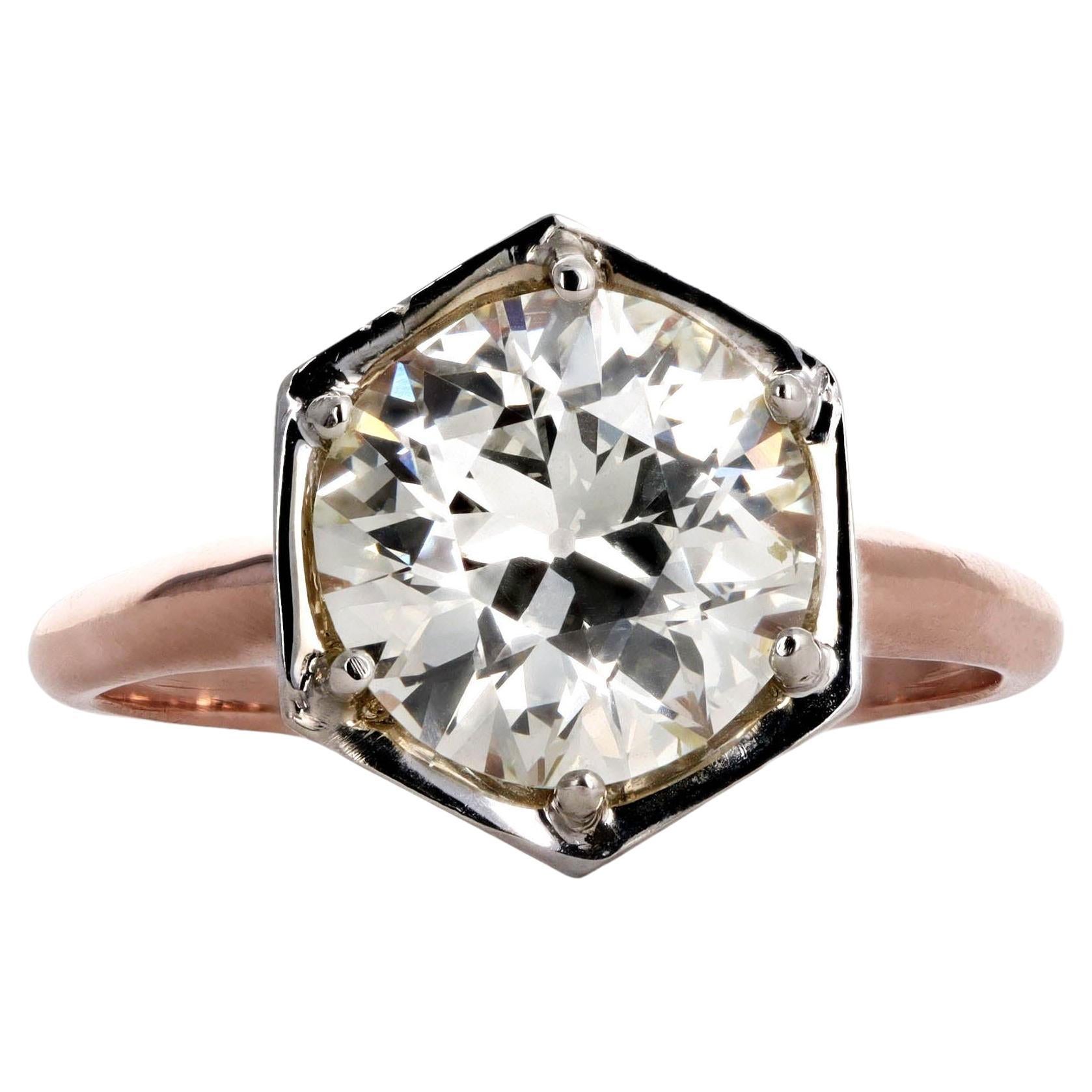 Rose Gold 2.85 Carat Old European Diamond Hexagon Solitaire Engagement Ring