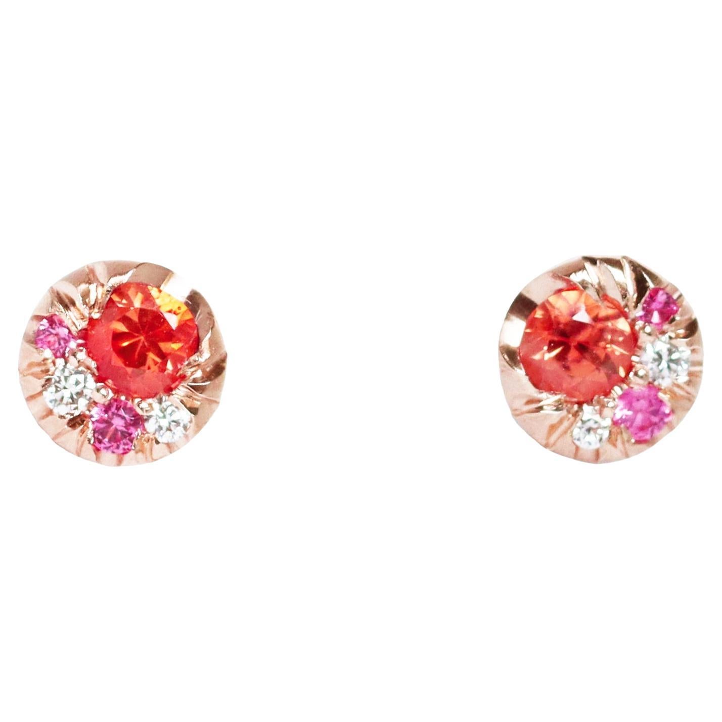 Orecchini con diamante Padparadscha, zaffiro e spinello in oro rosa da 5 mm in vendita