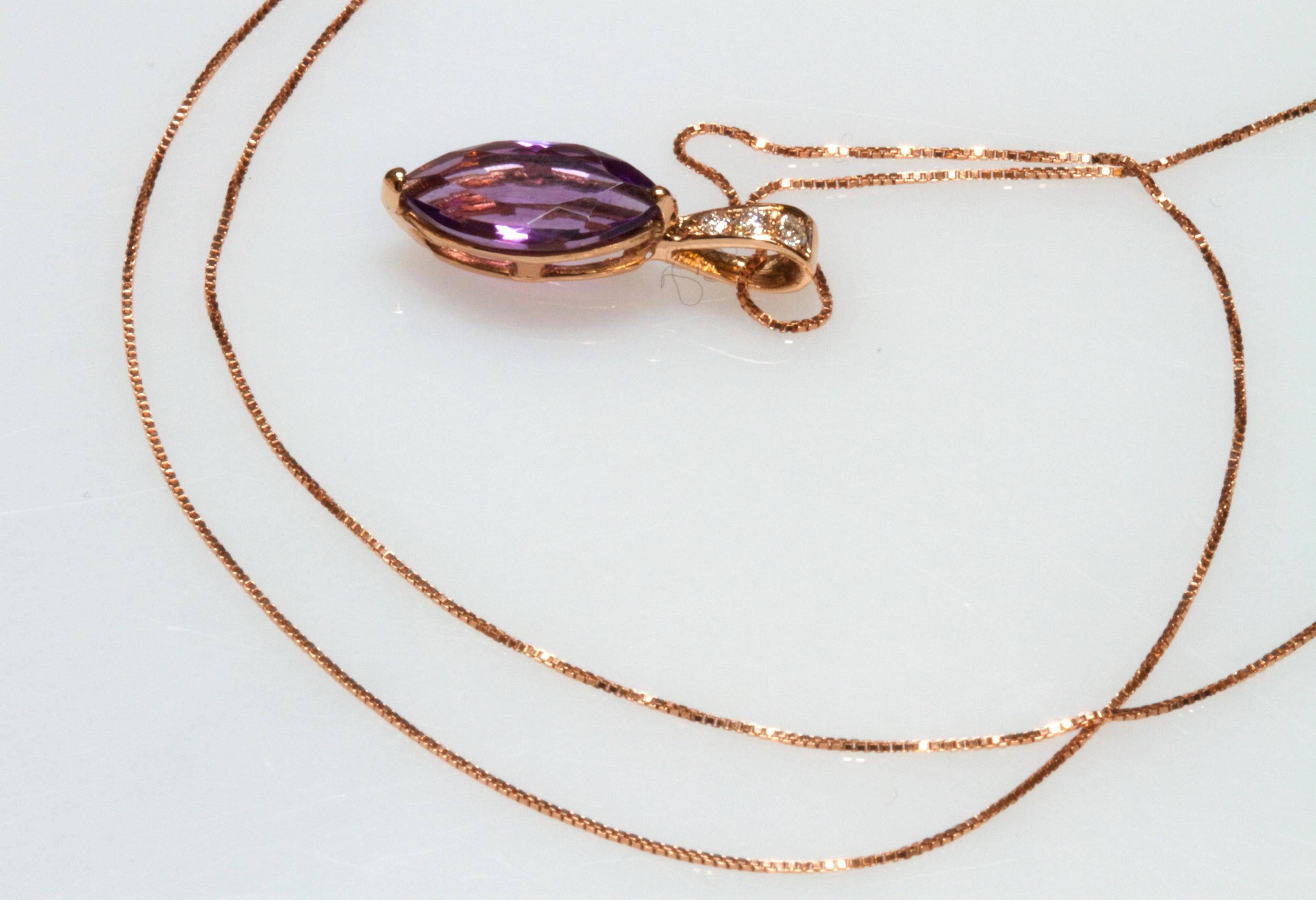 Marquise Cut Rose Gold 18k 5.00 Carat Purple Amethyst and Diamond Necklace For Sale