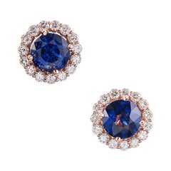 Rose Gold 6.04 Carat Ceylon Sapphire & Diamond Cluster Earrings