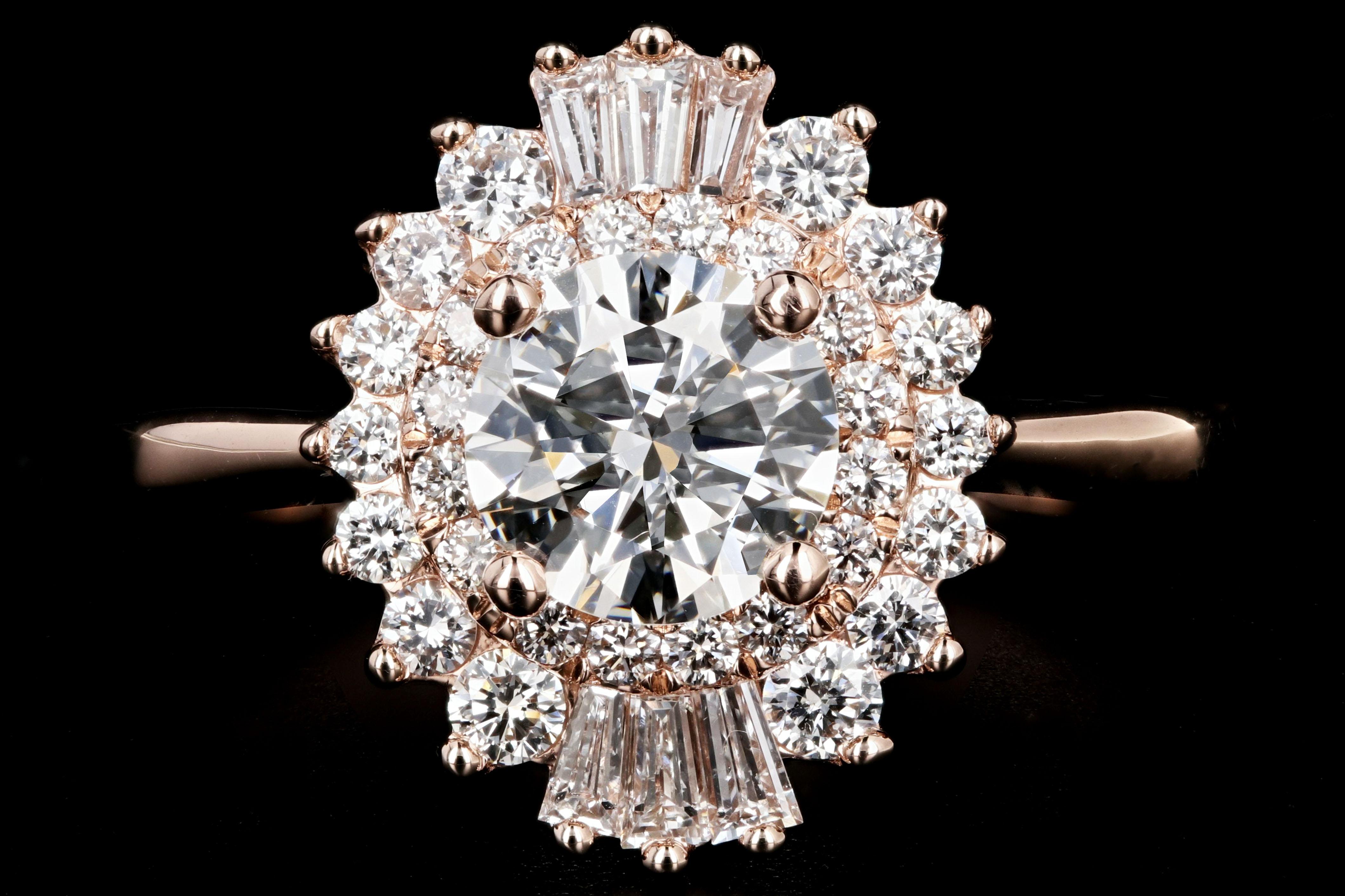 Era: New

Composition: 14K Rose Gold

Primary Stone: Round Brilliant Cut Diamond

Stone Carat Weight: .88 Carats

Color/ Clarity: I VS2

Accent Stone: Round and Tapered Baguette Cut Diamonds

Accent Stone Carat Weight: .62 Carats

Color/ Clarity: