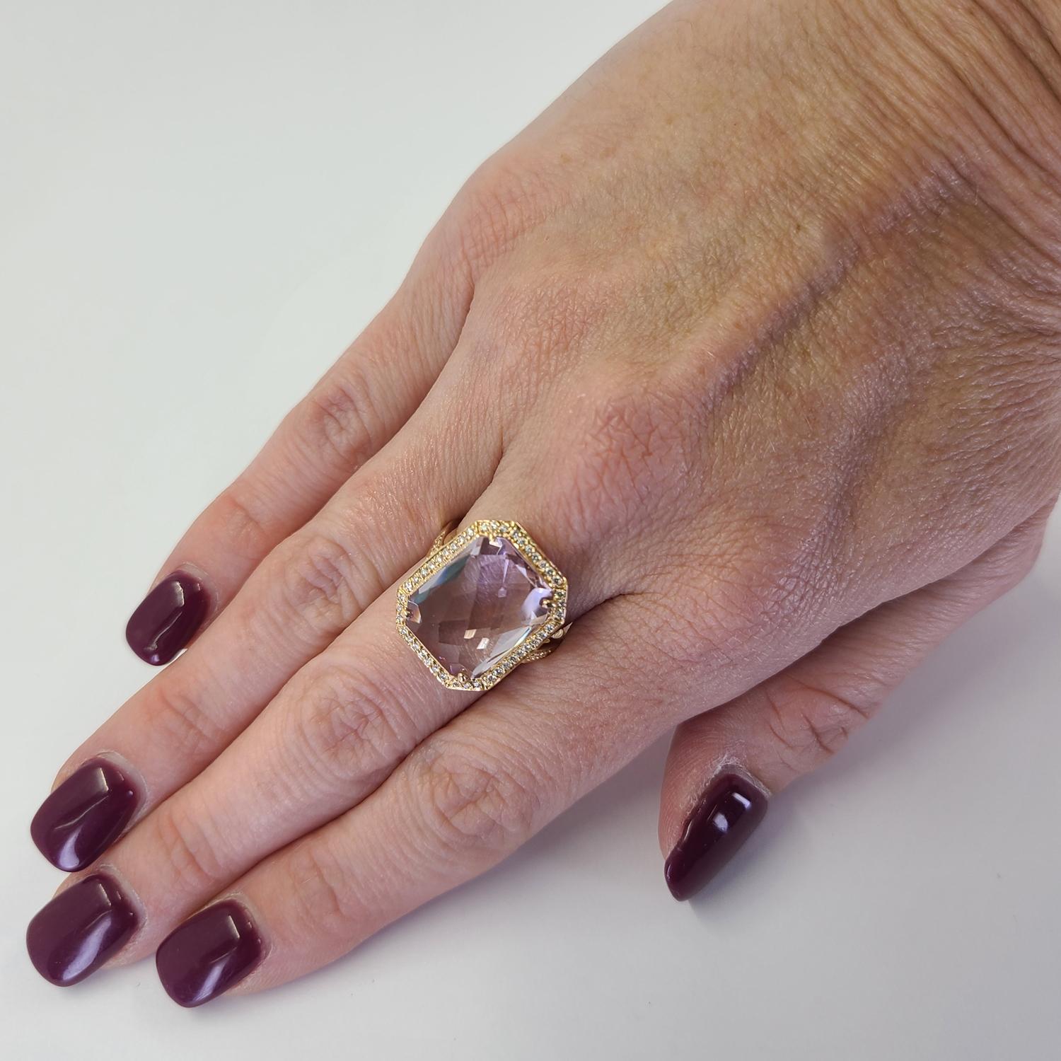18 Karat Rose Gold Ring Featuring A 15mm x 11.75mm Cushion Cut Checkerboard Lavender Amethyst Accented By 52 Round Brilliant Cut Diamonds of SI Clarity and G/H Color Totaling 0.26 Carats. Finger Size 7; Purchase Includes One Sizing Service. Finished