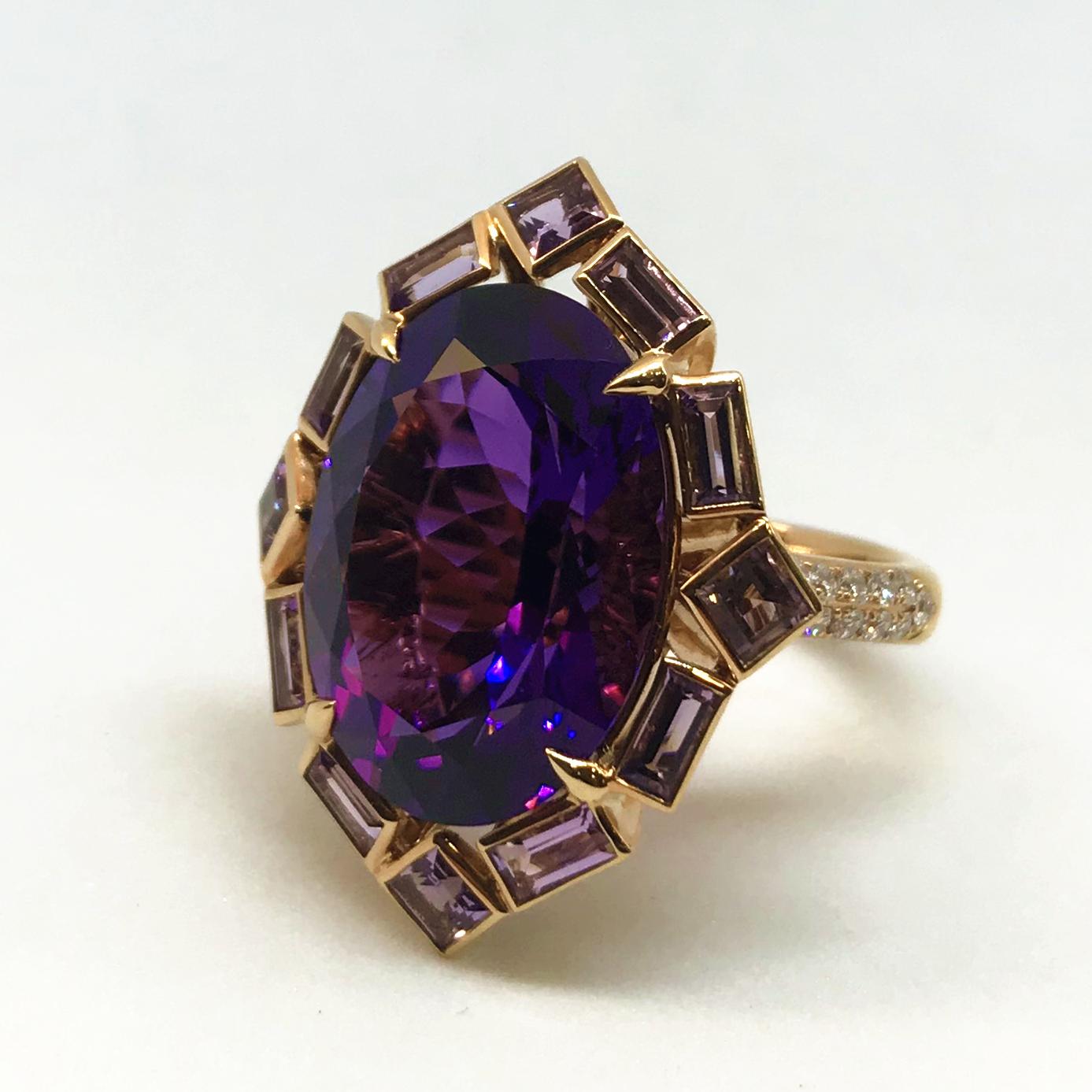Contemporary Rose Gold Amethyst and Diamond Ring For Sale