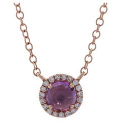 Antique Rose Gold Amethyst 
Diamond Halo Necklace, 14k Rose Cut .36ctw Adjustable