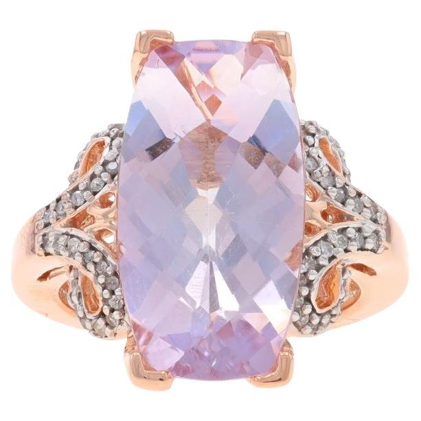 Rose Gold Amethyst & Diamond Ring - 14k Rect Cushion 7.44ctw Rose de France For Sale