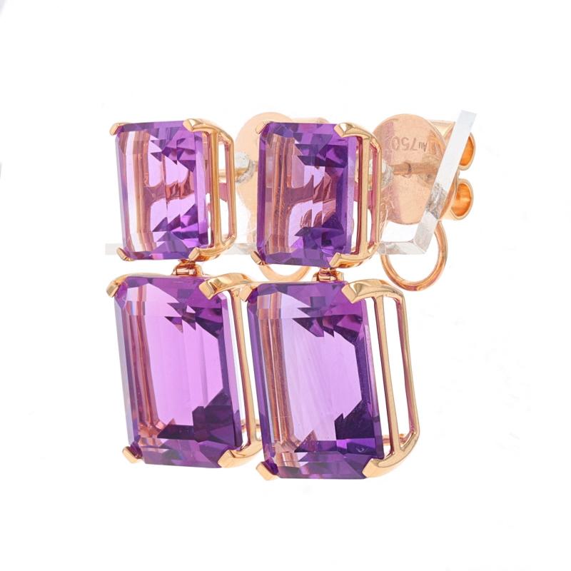 Metal Content: 18k Rose Gold

Stone Information
Natural Amethysts
Carat(s): 18.25ctw
Cut: Emerald
Color: Purple

Total Carats: 18.25ctw

Style: Studs with Enhancer Dangles
Fastening Type: Butterfly Closures
Features: Removable enhancers allow the