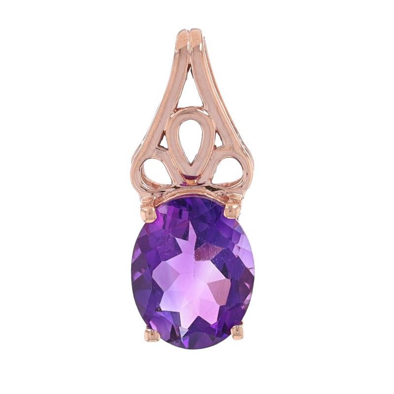 Metal Content: 10k Rose Gold

Stone Information

Natural Amethyst
Carat(s): 2.40ct
Cut: Oval
Color: Purple

Total Carats: 2.40ct

Style: Solitaire
Features: Open Cut Detailing

Measurements

Tall (from stationary bail): 13/16