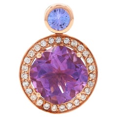 Rose Gold Amethyst, Tanzanite, and Diamond Halo Pendant, 14 Karat 3.75 Carat