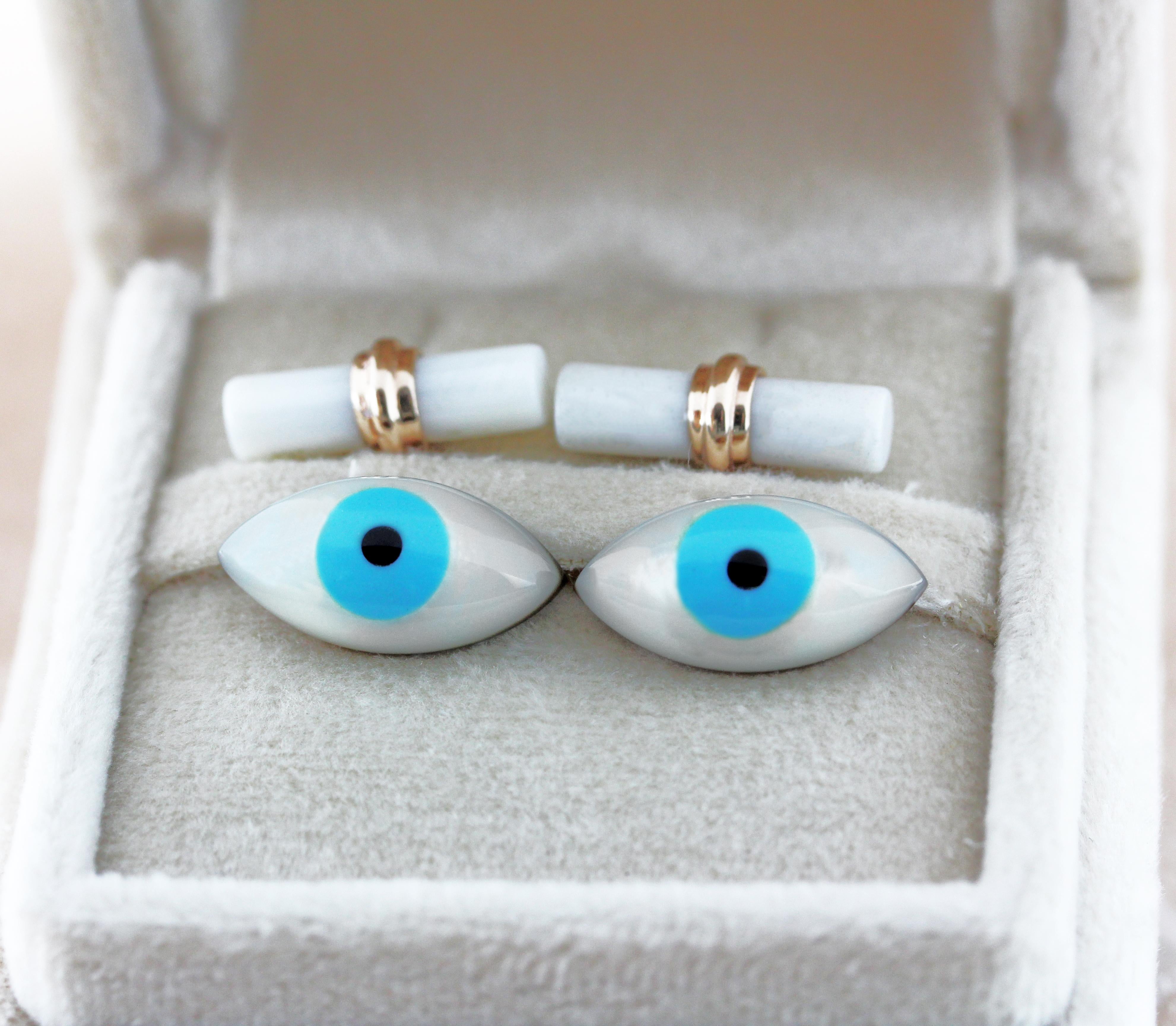 Women's or Men's Rose Gold Amulet Evil Eye Mother of Pearl Turquoise Onyx Cufflinks