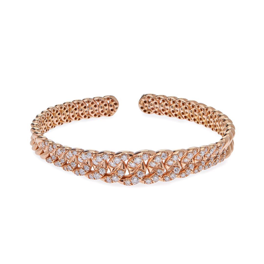 Taille ronde Bracelet manchette à maillons cubains en or rose et diamants en vente