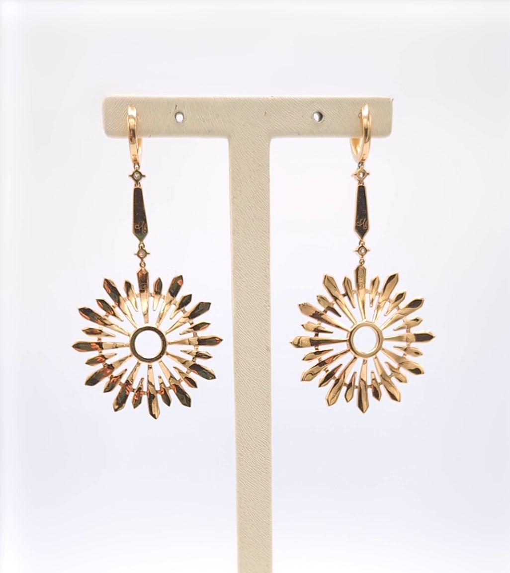 Brilliant Cut Rose Gold and Diamond Edelweiss Sunshine Hoop Pendant Earrings For Sale