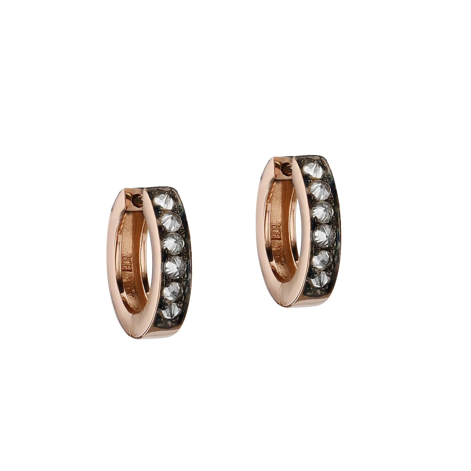 Diamond with 18 karat Rose Gold Finished with Black Rhodium Hoop Hugger Earrings

These beautiful earrings are one of a kind and handmade by H&H Jewels.

These 18 karat rose gold hoop earrings displaying 12 pieces of point up diamonds, making them