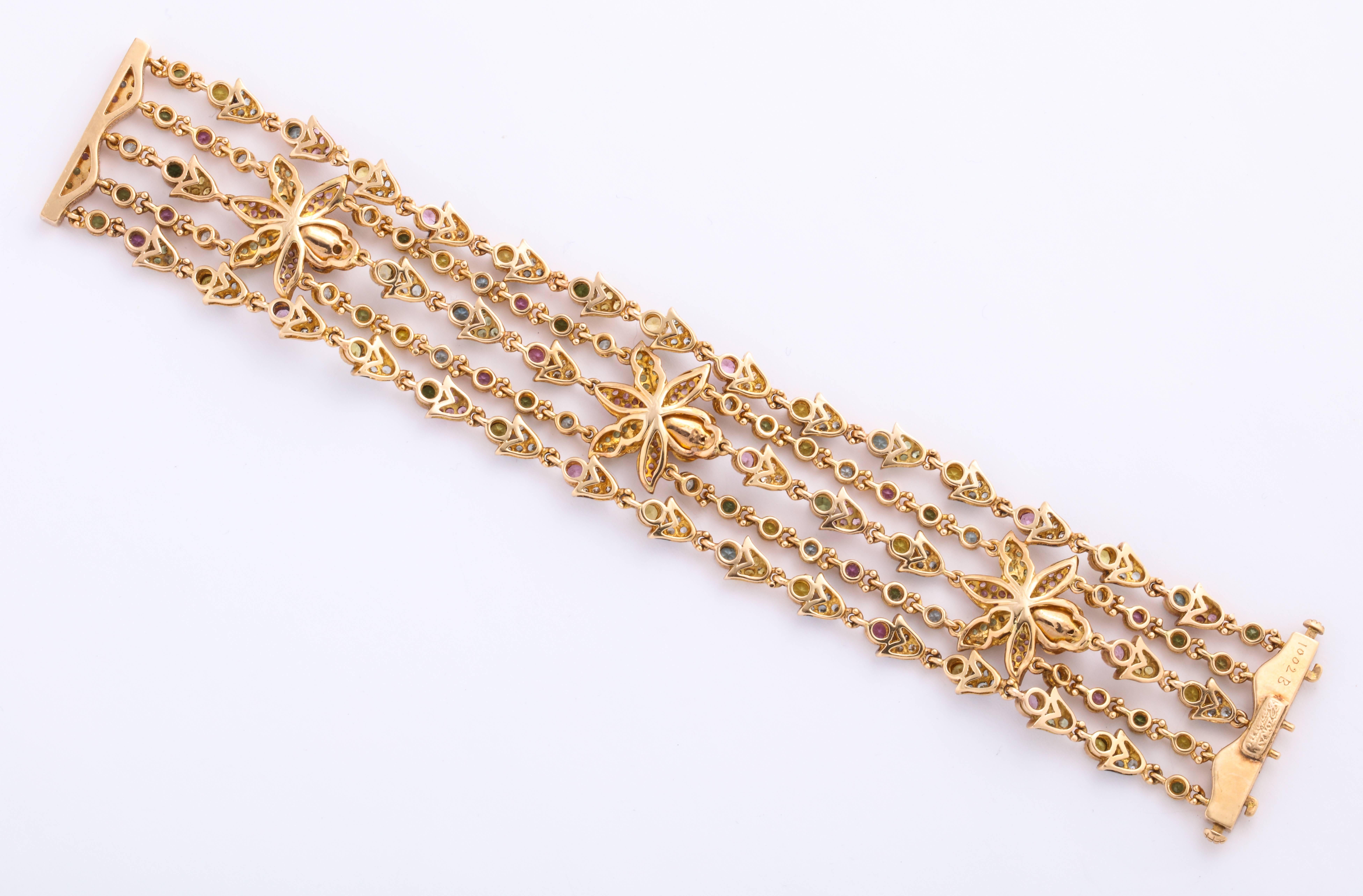 Round Cut Rose Gold and Fancy Link Gemstone and Diamond Strap Bracelet For Sale