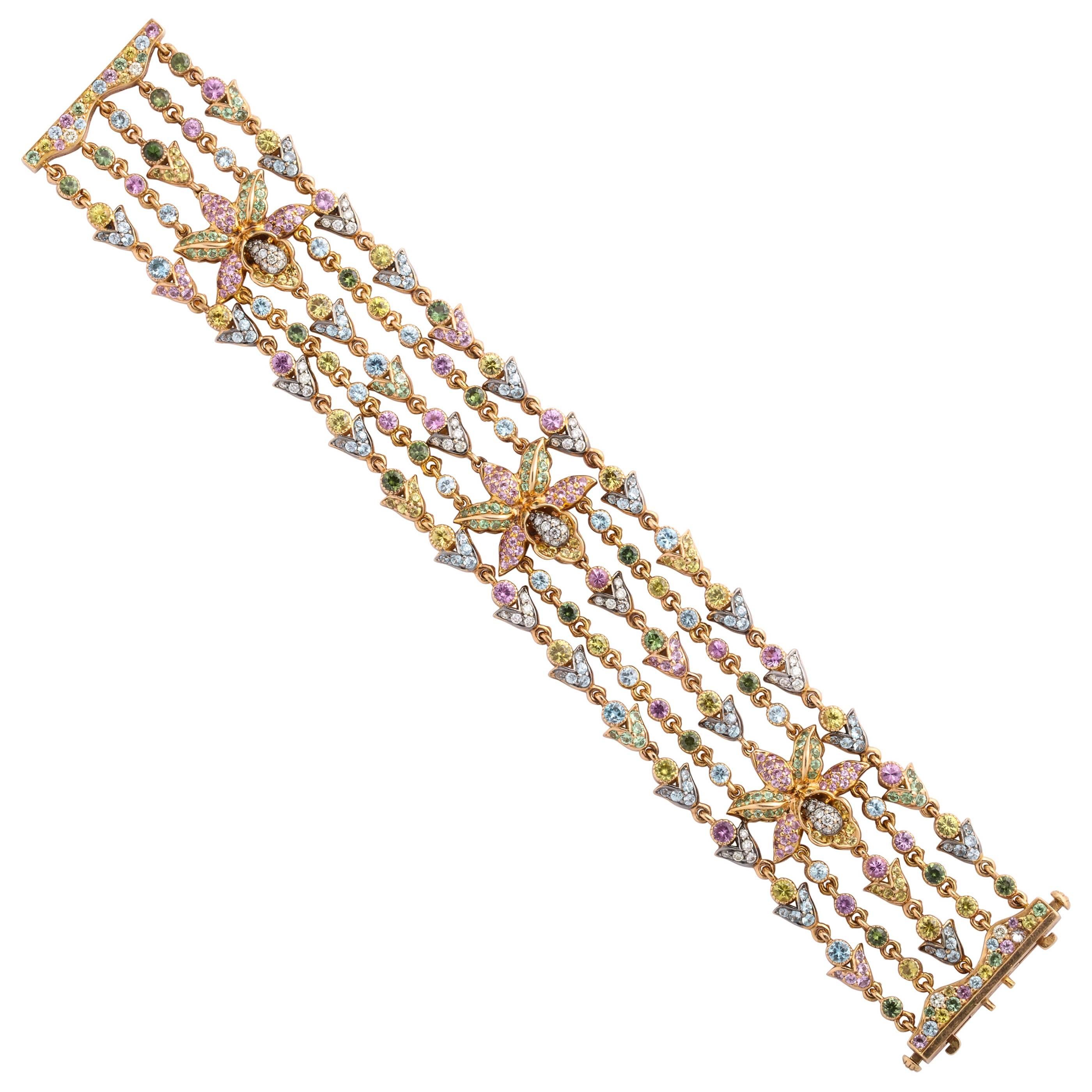 Rose Gold and Fancy Link Gemstone and Diamond Strap Bracelet For Sale