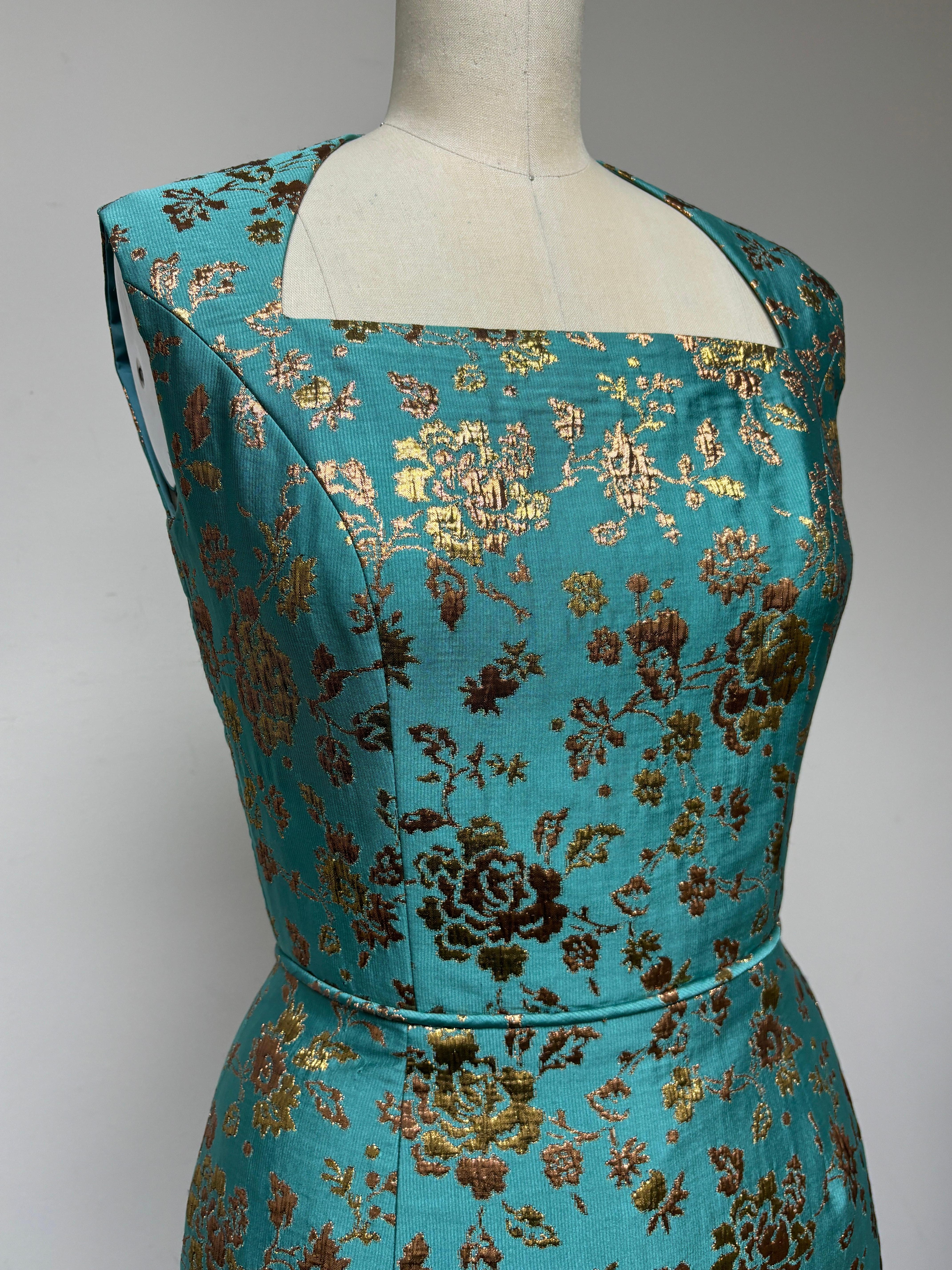 Vestido de fiesta brocado francés oro rosa y turquesa Azul en venta