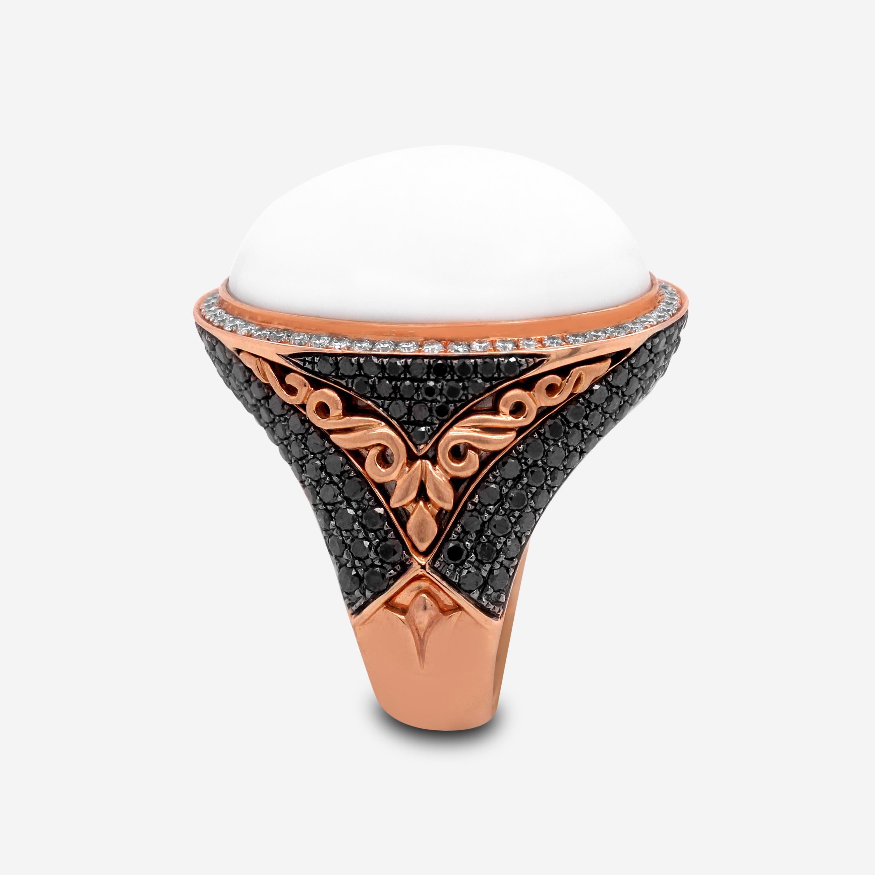 Oval Cut Rose Gold and White Black Diamond Ring with White Agate Center