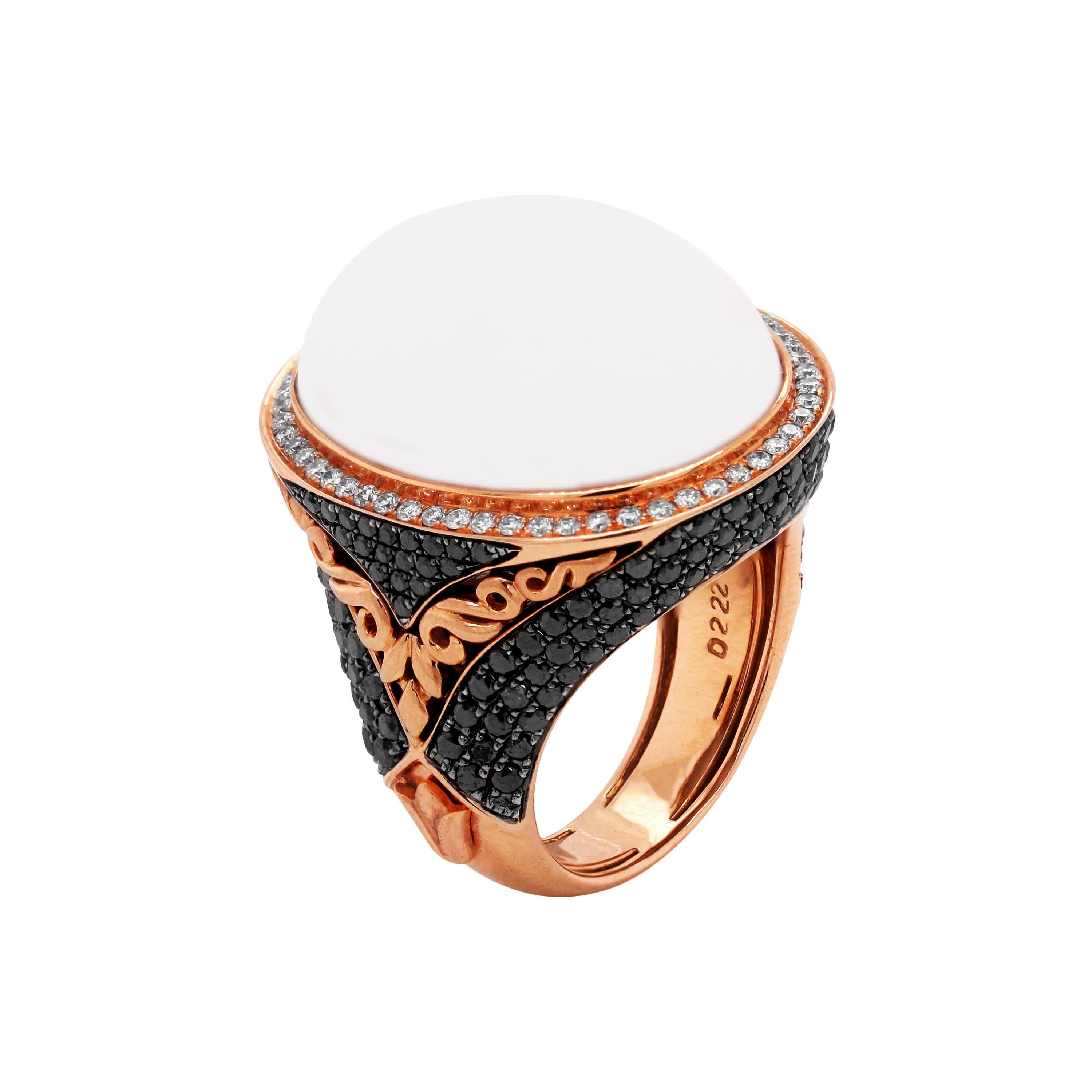 Rose Gold and White Black Diamond Ring with White Agate Center