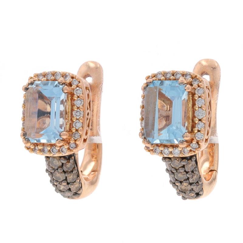 Emerald Cut Le Vian Aquamarine Diamond Halo J-Hoop Earrings - Rose Gold 14k Emerald 2.27ctw For Sale