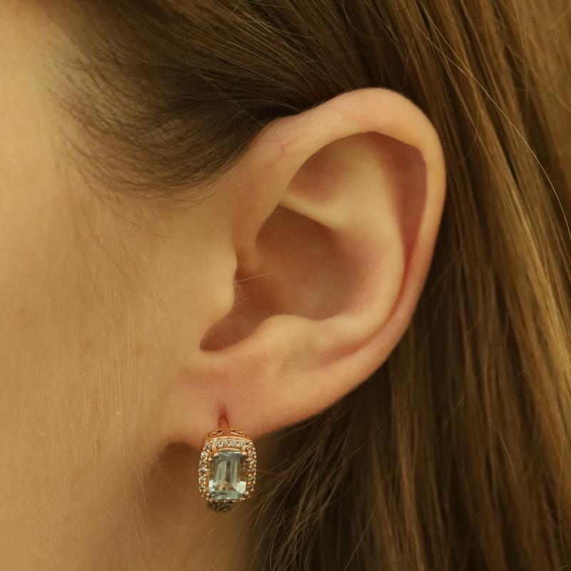 Le Vian Aquamarine Diamond Halo J-Hoop Earrings - Rose Gold 14k Emerald 2.27ctw In Excellent Condition For Sale In Greensboro, NC