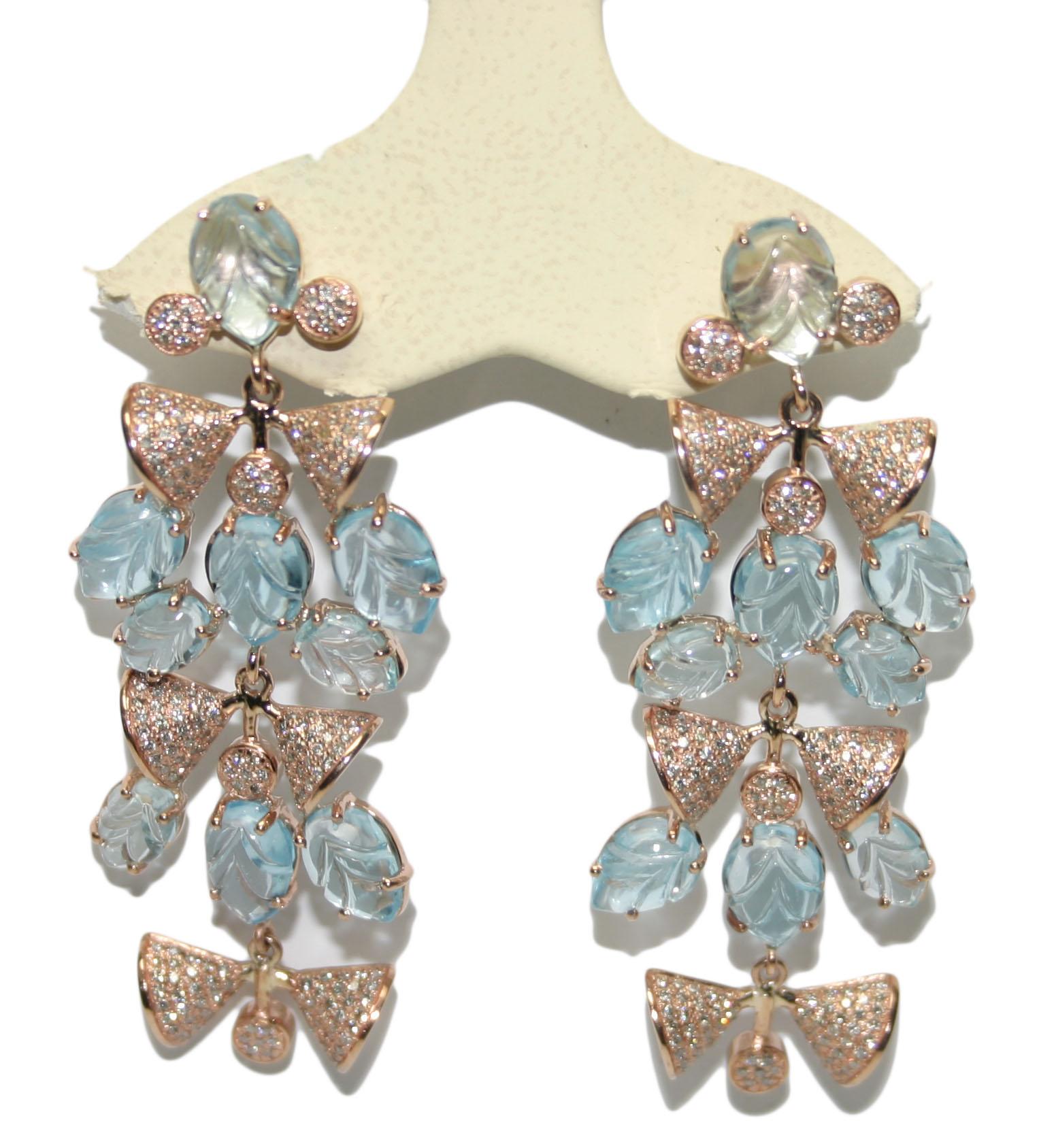 Round Cut Rose Gold Aquamarine and Diamond Post Dangle Earrings For Sale