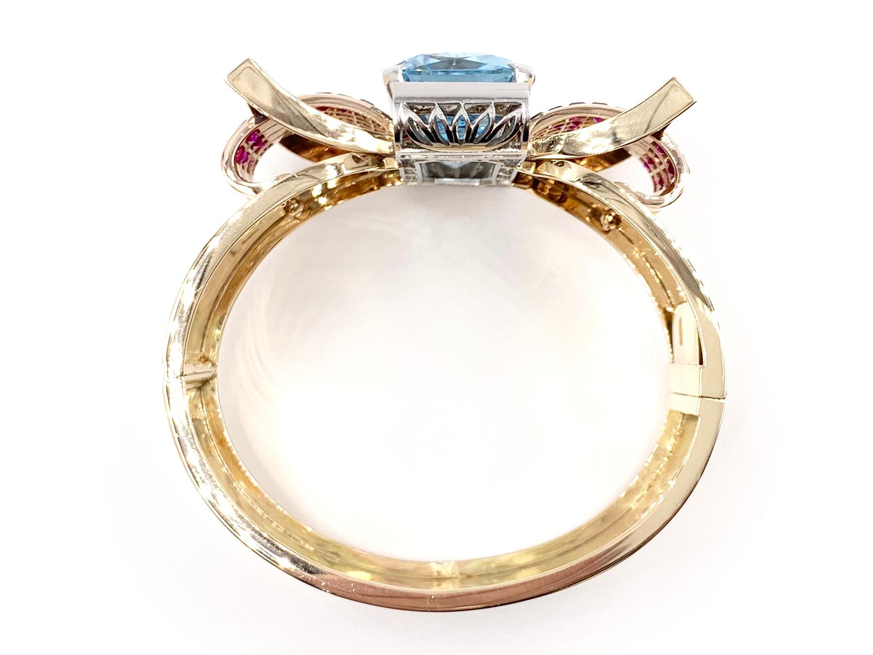 Rose Gold Aquamarine, Ruby and Diamond Wide Retro Bangle Bracelet 4