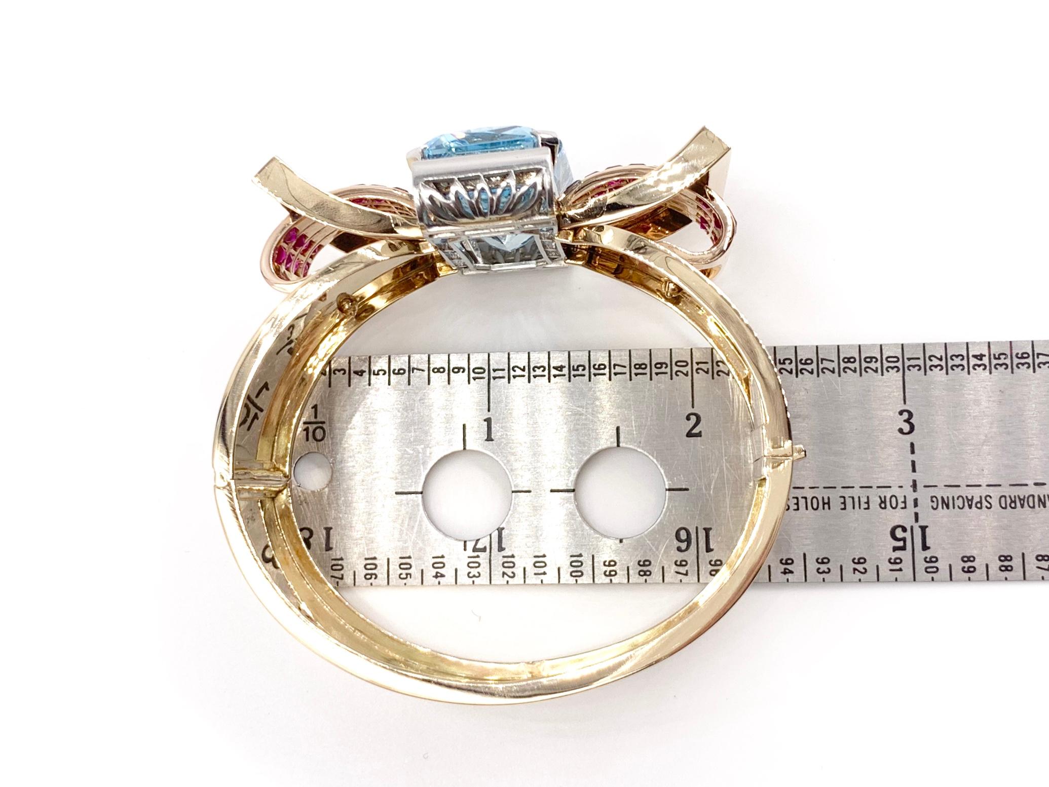 Rose Gold Aquamarine, Ruby and Diamond Wide Retro Bangle Bracelet 5