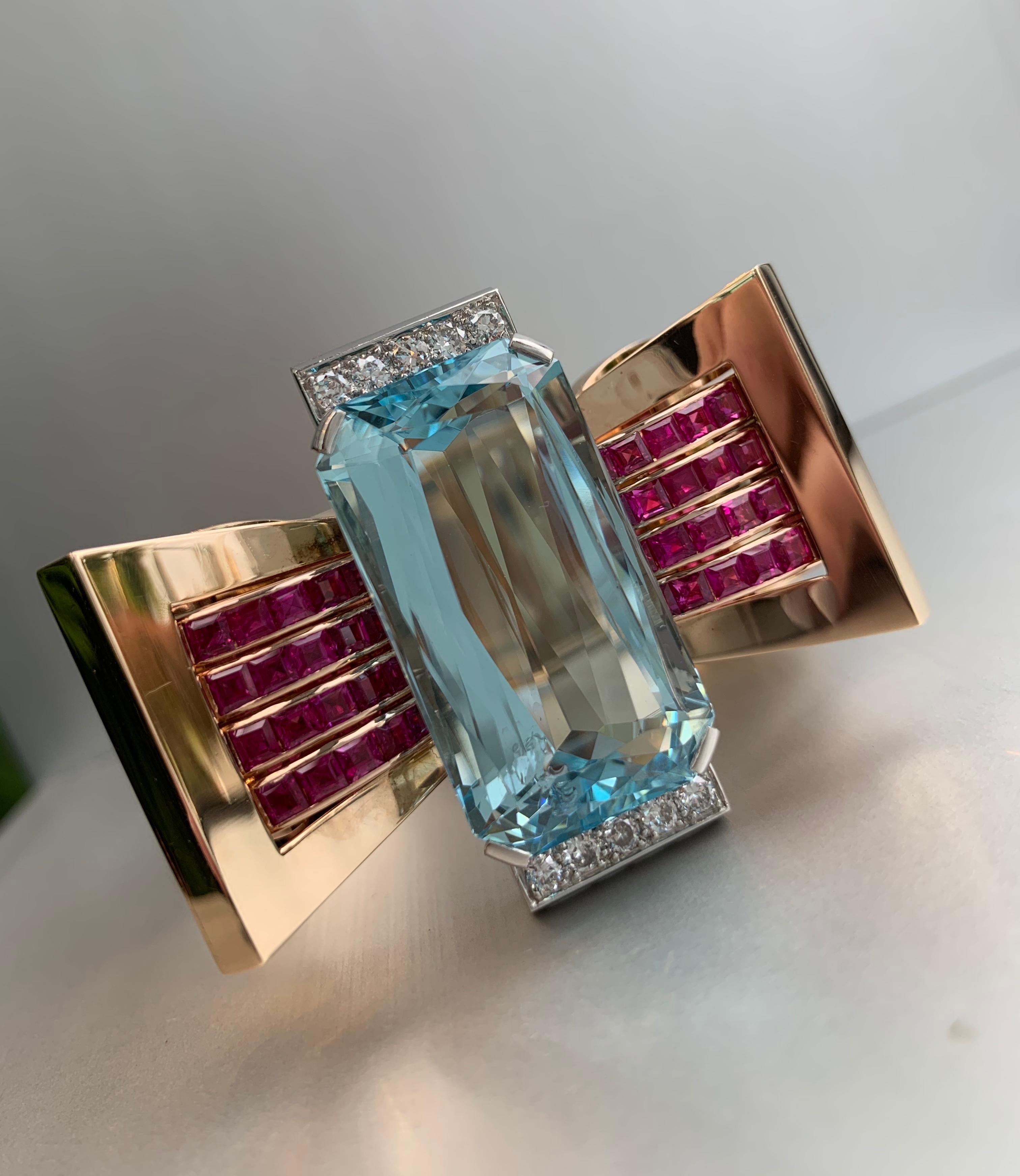 Art Deco Rose Gold Aquamarine, Ruby and Diamond Wide Retro Bangle Bracelet