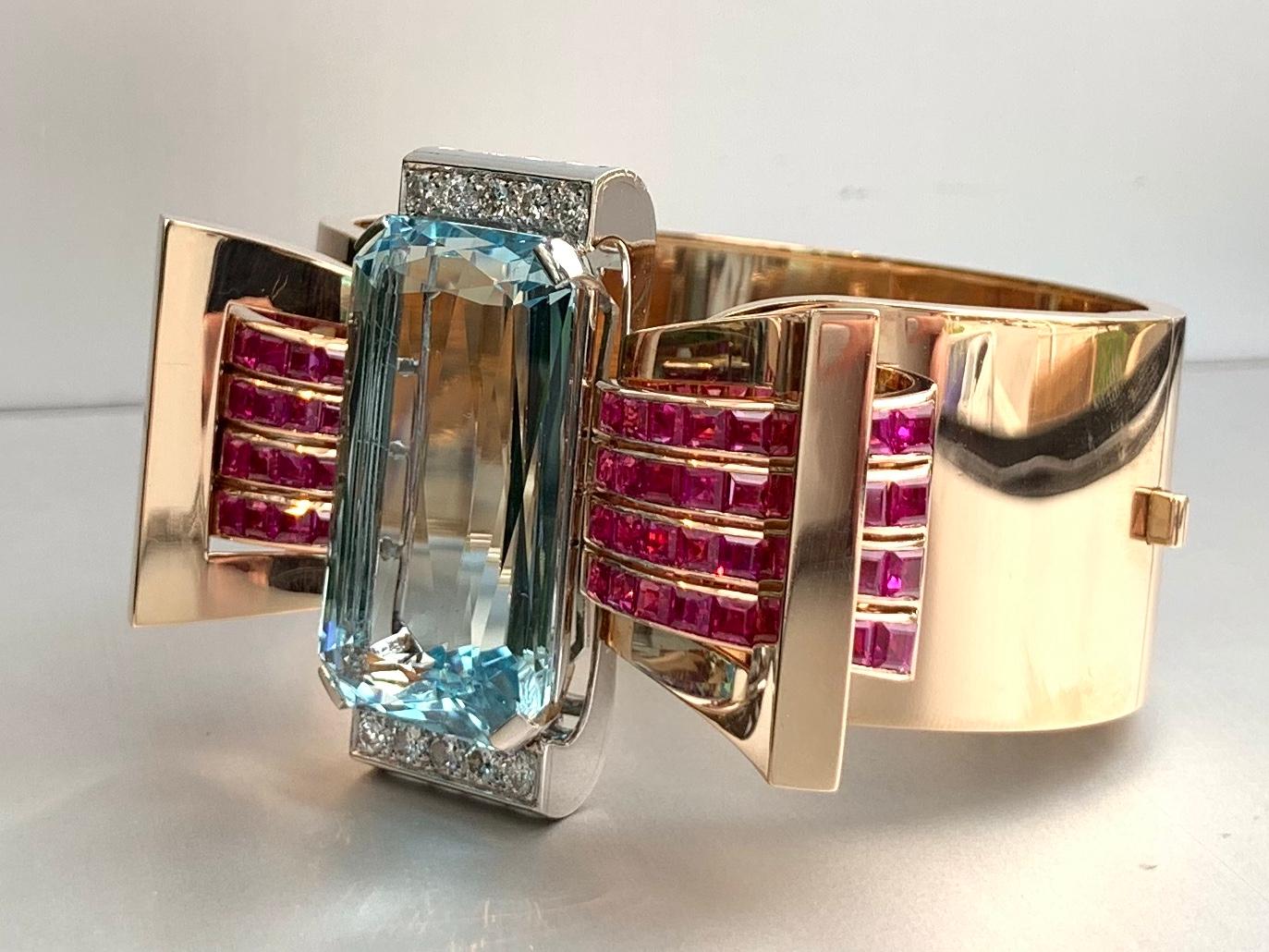 Emerald Cut Rose Gold Aquamarine, Ruby and Diamond Wide Retro Bangle Bracelet