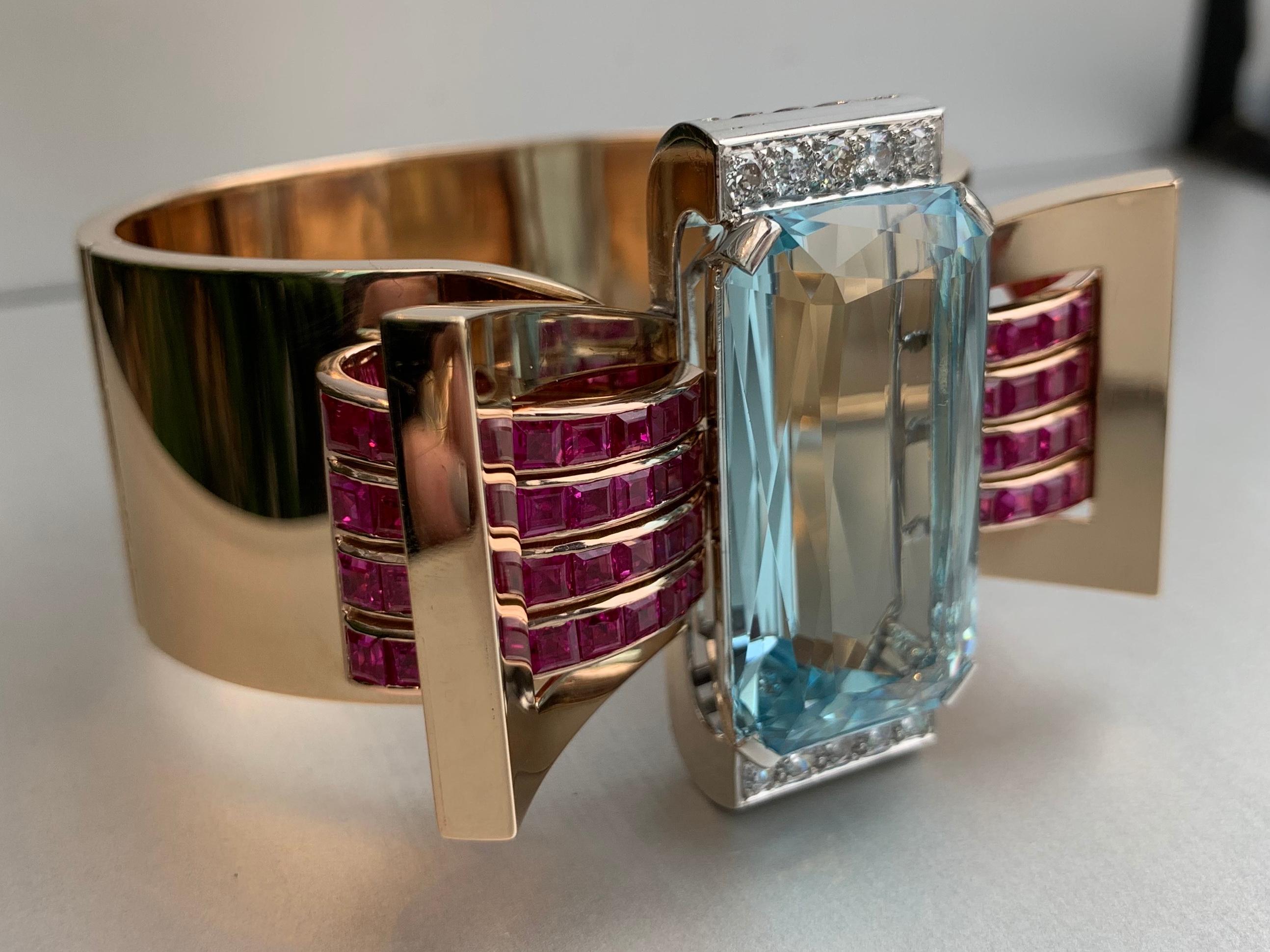 Rose Gold Aquamarine, Ruby and Diamond Wide Retro Bangle Bracelet In Good Condition In Pikesville, MD