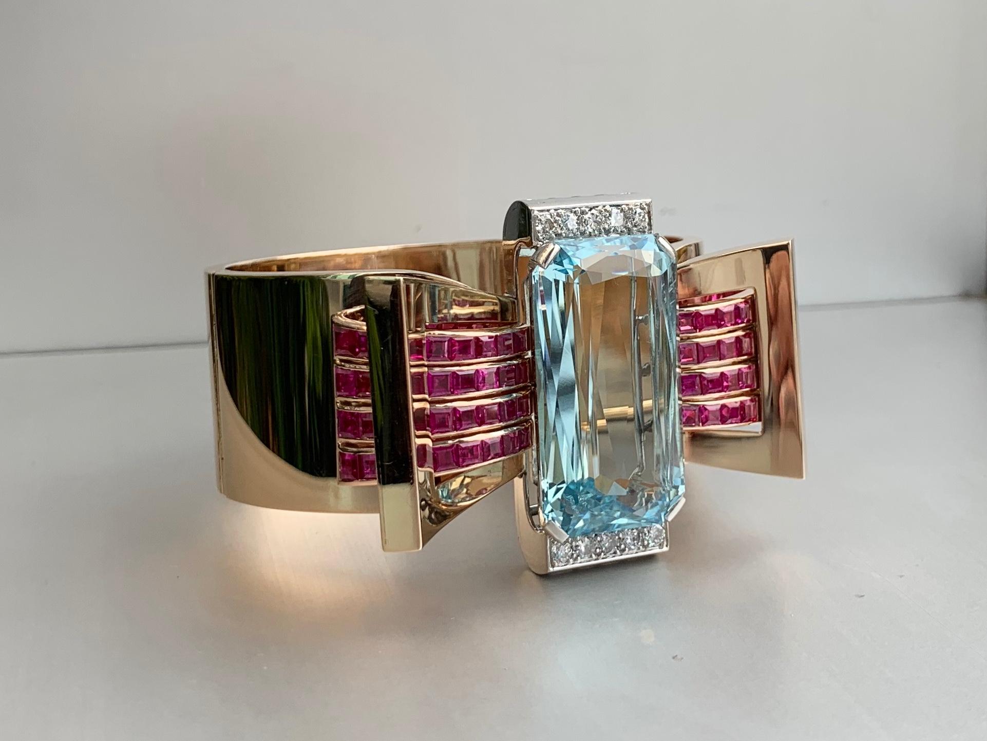Women's or Men's Rose Gold Aquamarine, Ruby and Diamond Wide Retro Bangle Bracelet