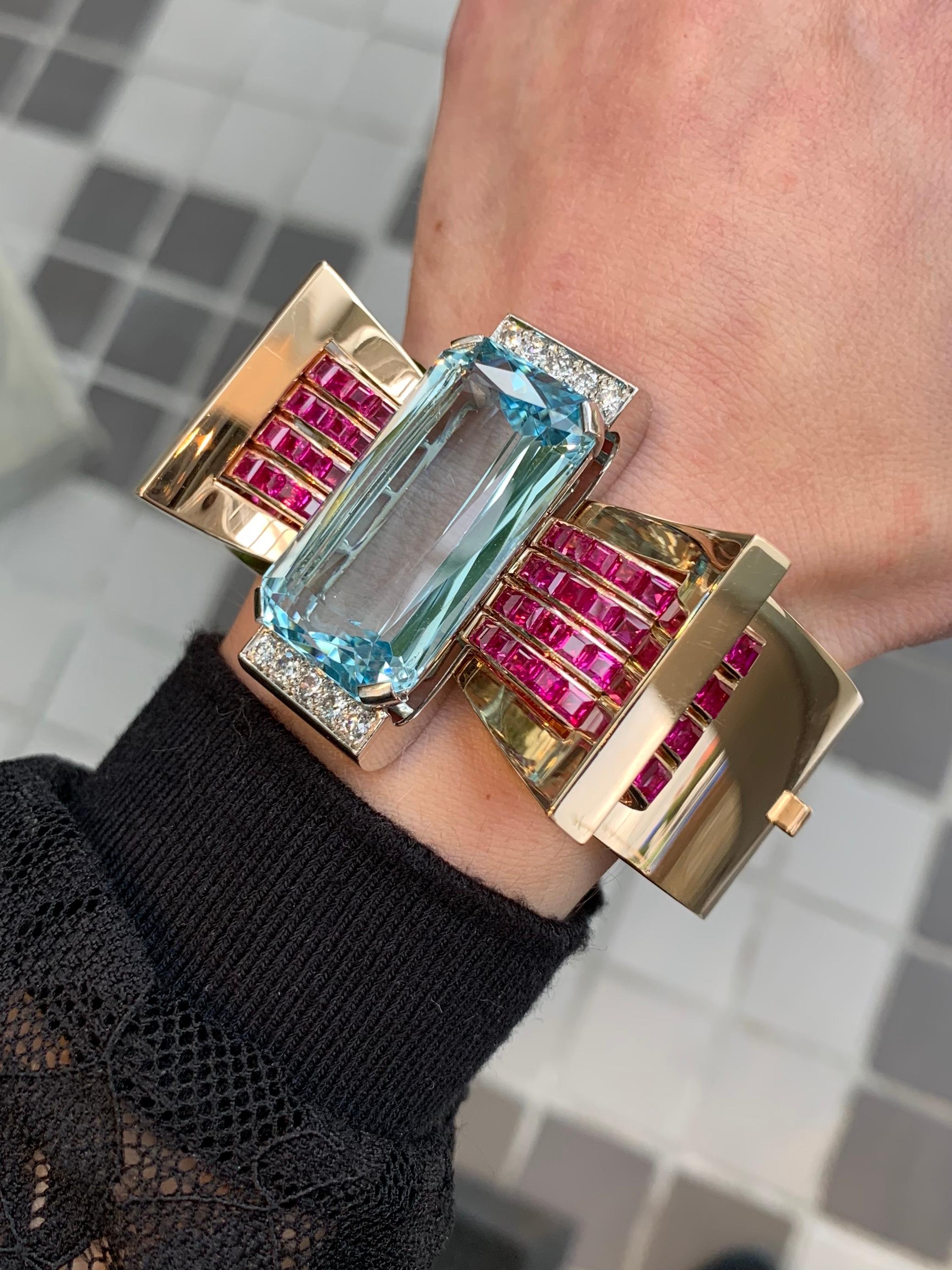 Rose Gold Aquamarine, Ruby and Diamond Wide Retro Bangle Bracelet 3