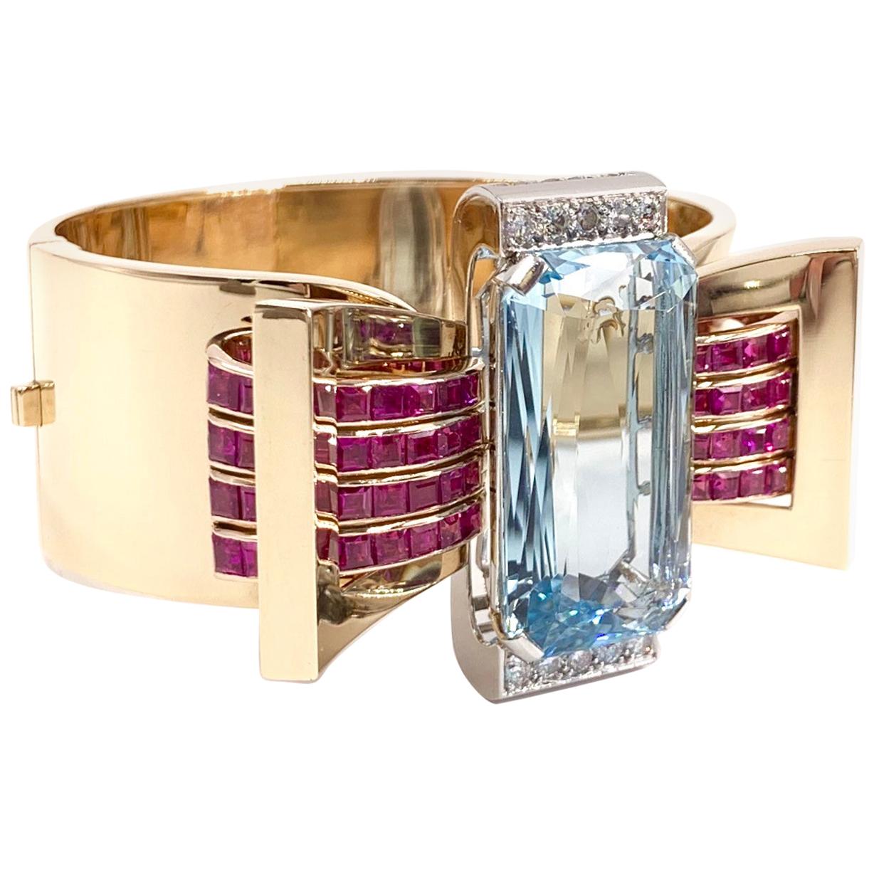 Rose Gold Aquamarine, Ruby and Diamond Wide Retro Bangle Bracelet
