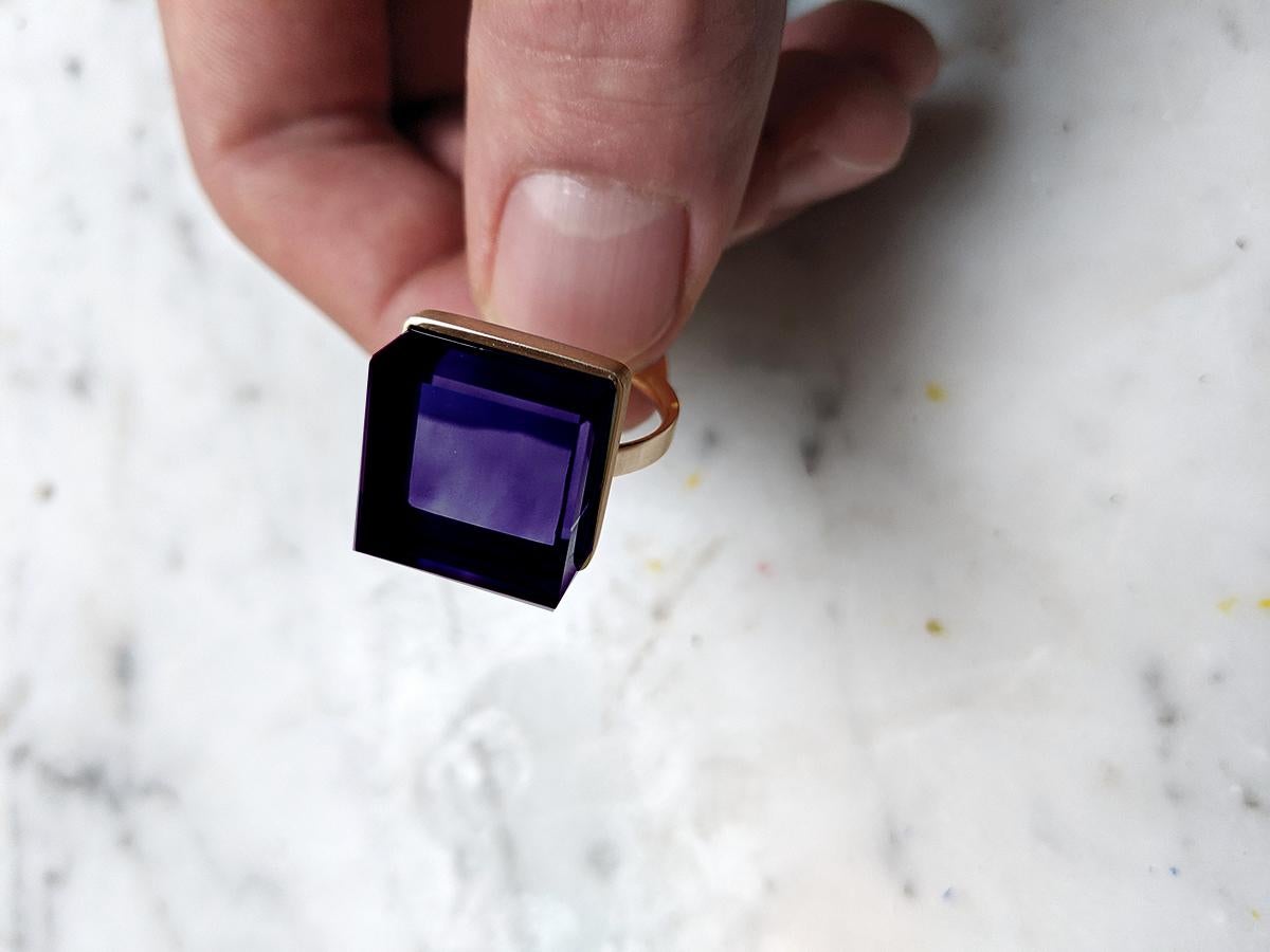 Rose Gold Contemporary Ring with Dark Amethyst For Sale 9