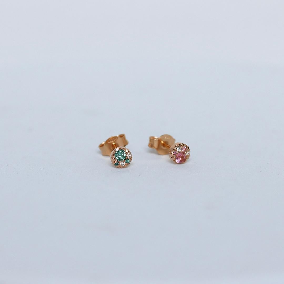 Rose Gold Asymmetrical 5 mm Diamond Padparadscha Sapphire Spinel Stud Earrings For Sale 2