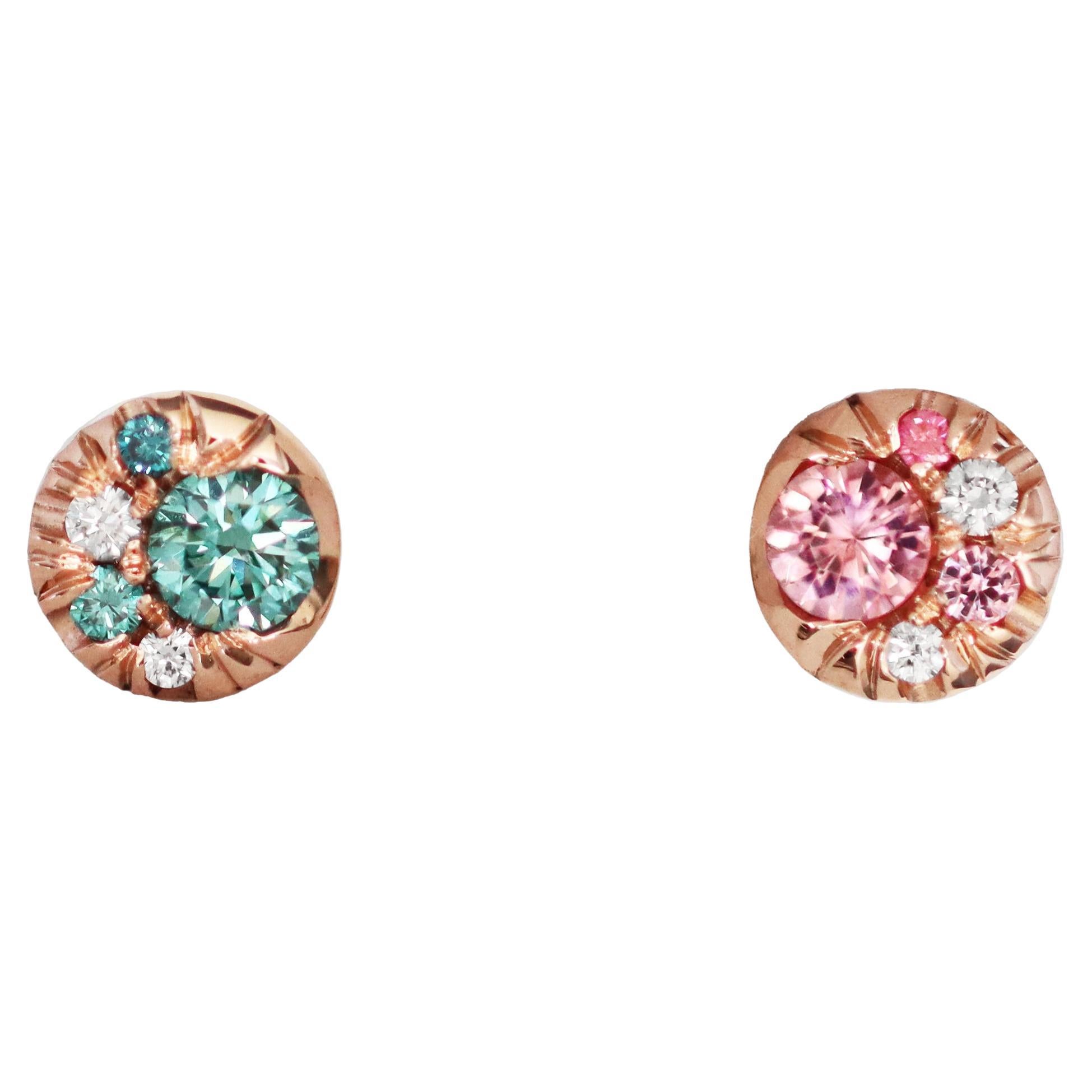 Rose Gold Asymmetrical 5 mm Diamond Padparadscha Sapphire Spinel Stud Earrings